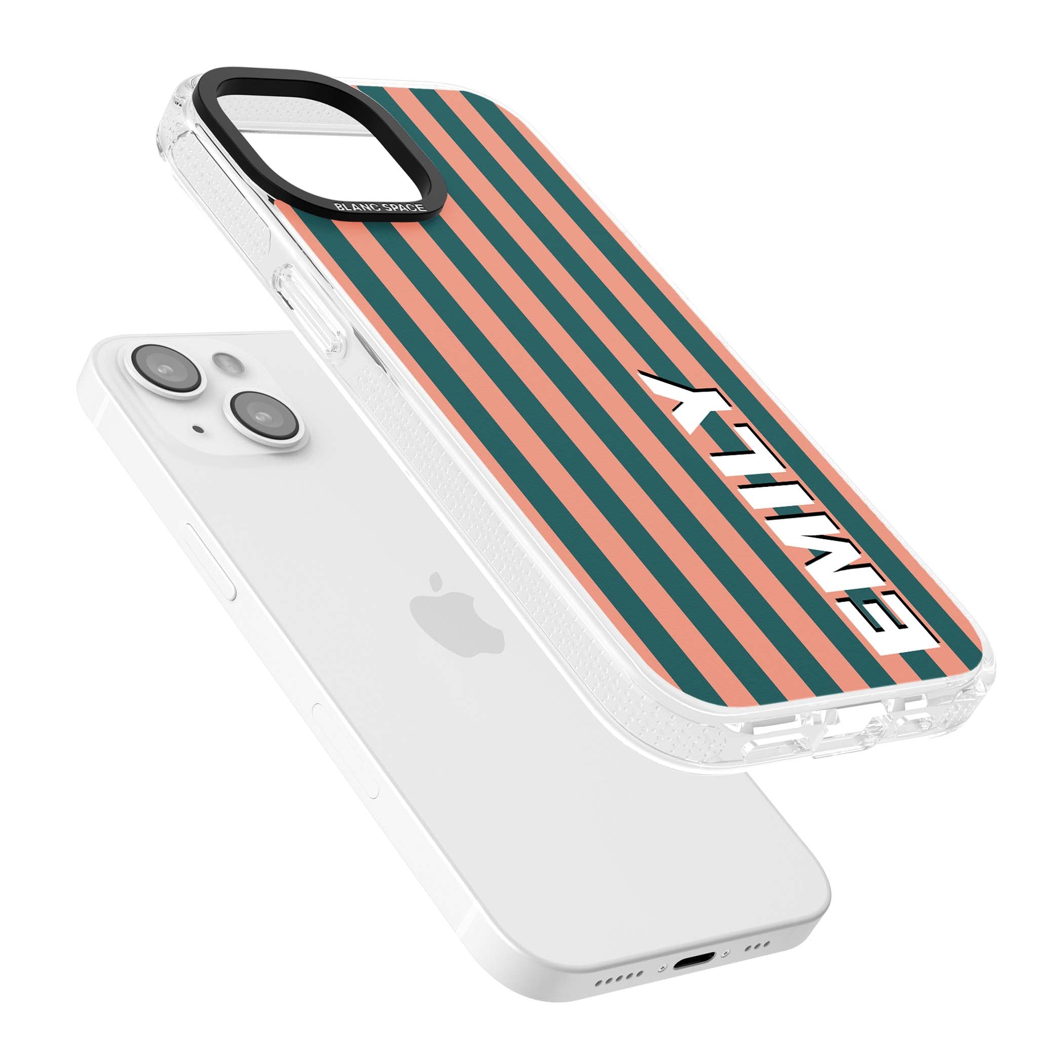 Tuscan Stripe personalised iPhone case featuring coral and green vertical stripes with bold custom name | Clear Case Impact Air case for iPhone 15, iPhone 15 Plus