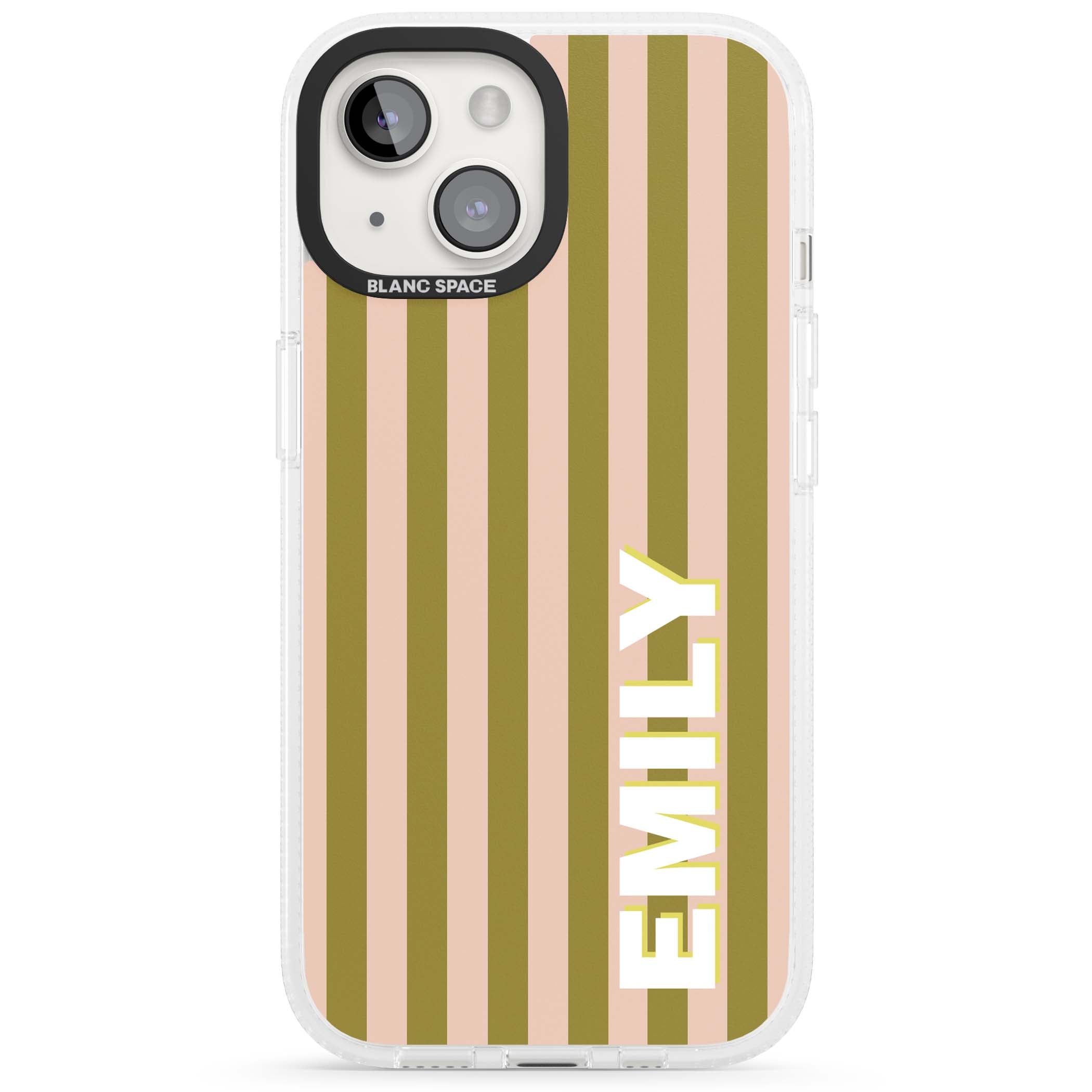 Indian Stripe personalised iPhone case featuring olive green and blush pink vertical stripes with custom name in whit | Clear Case Impact Air case for iPhone 15, iPhone 15 Plus