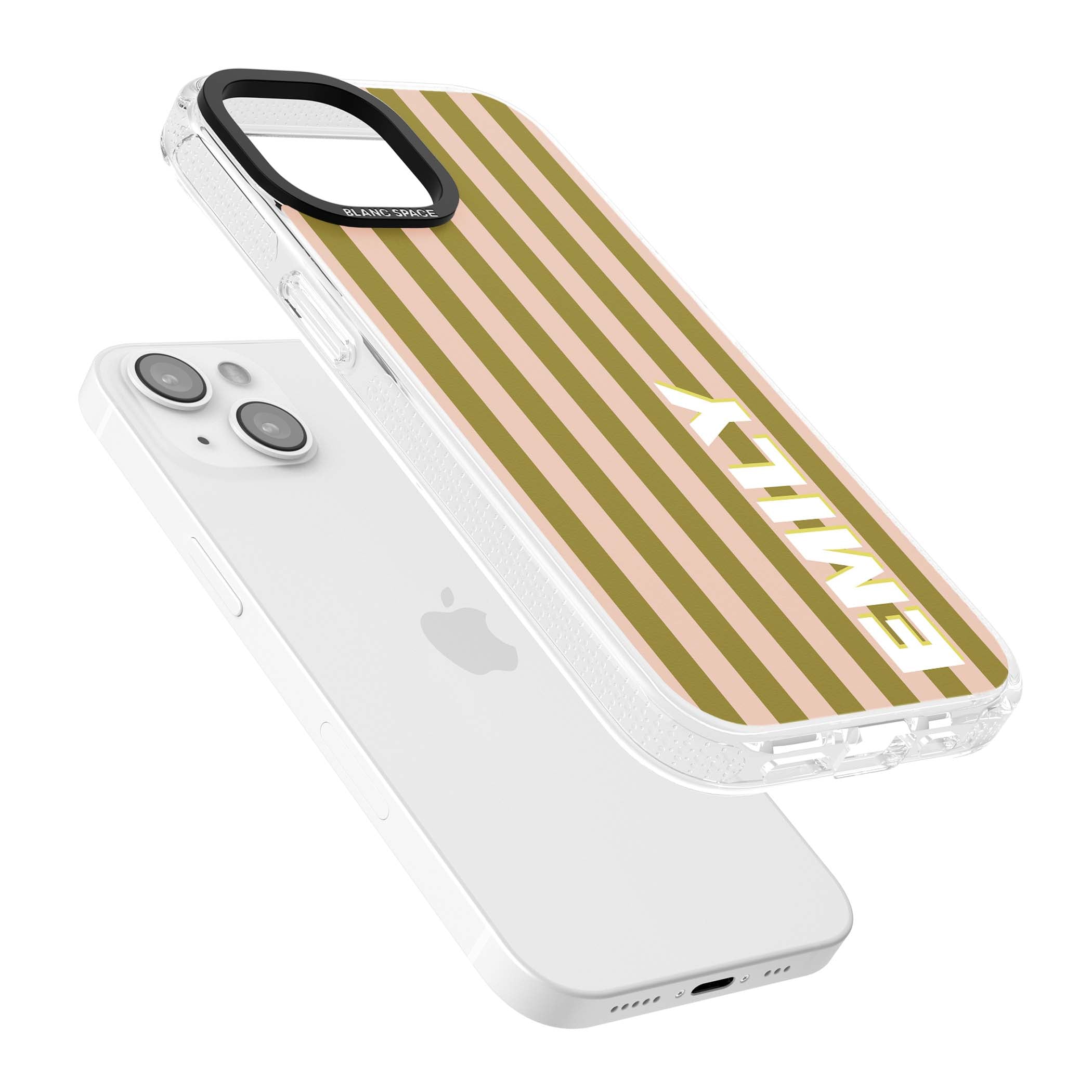 Indian Stripe personalised iPhone case featuring olive green and blush pink vertical stripes with custom name in whit | Clear Case Impact Air case for iPhone 15, iPhone 15 Plus