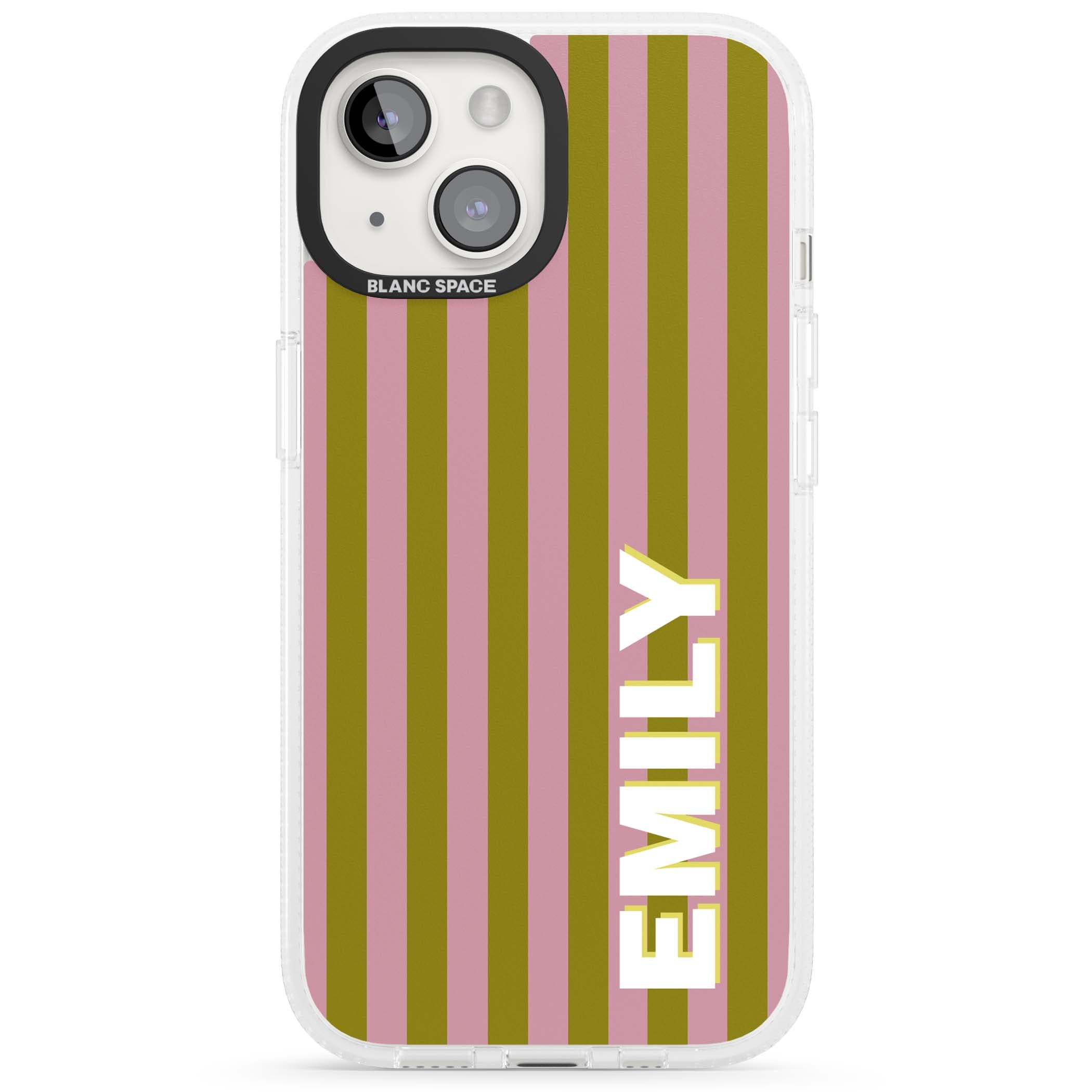 Istanbul Stripe personalised iPhone case featuring pink and olive green vertical stripes with a custom vertical name | Clear Case Impact Air case for iPhone 15, iPhone 15 Plus