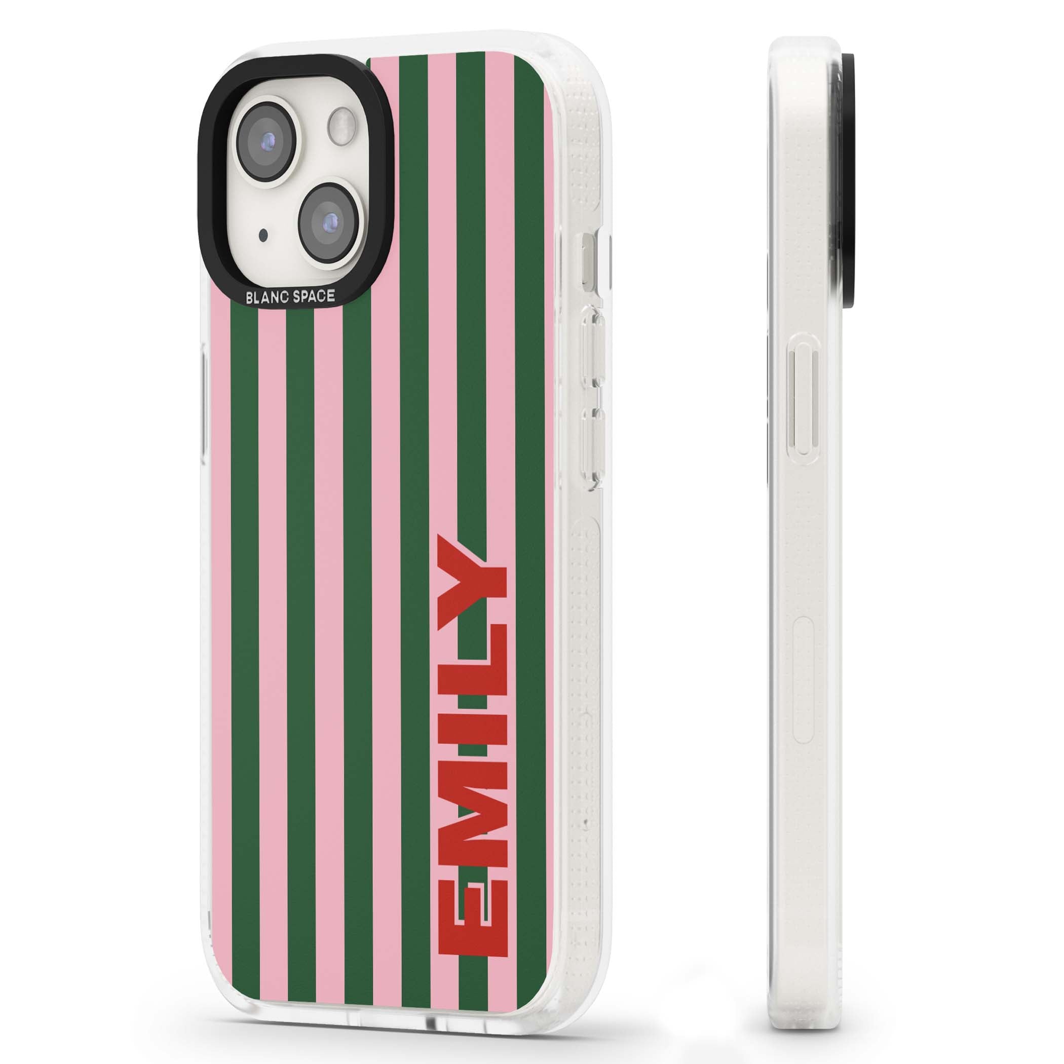 Italian Stripe preppy iPhone case featuring pink and green vertical stripes with personalised red name | Clear Case Impact Air case for iPhone 15, iPhone 15 Plus
