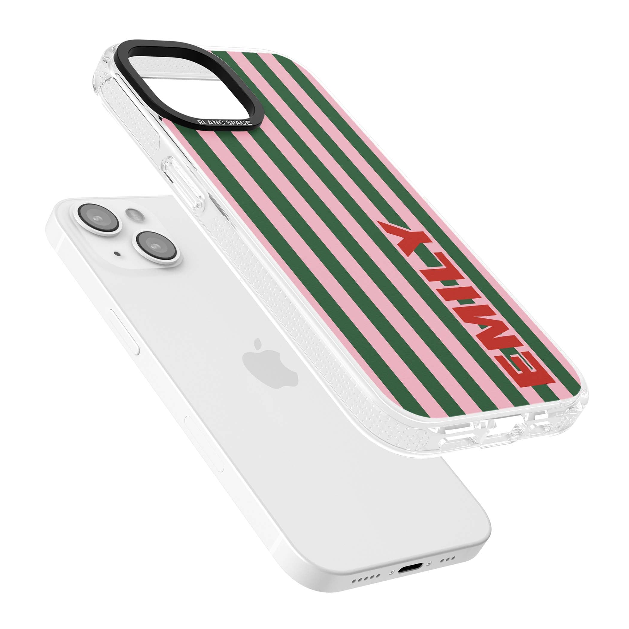 Italian Stripe preppy iPhone case featuring pink and green vertical stripes with personalised red name | Clear Case Impact Air case for iPhone 15, iPhone 15 Plus