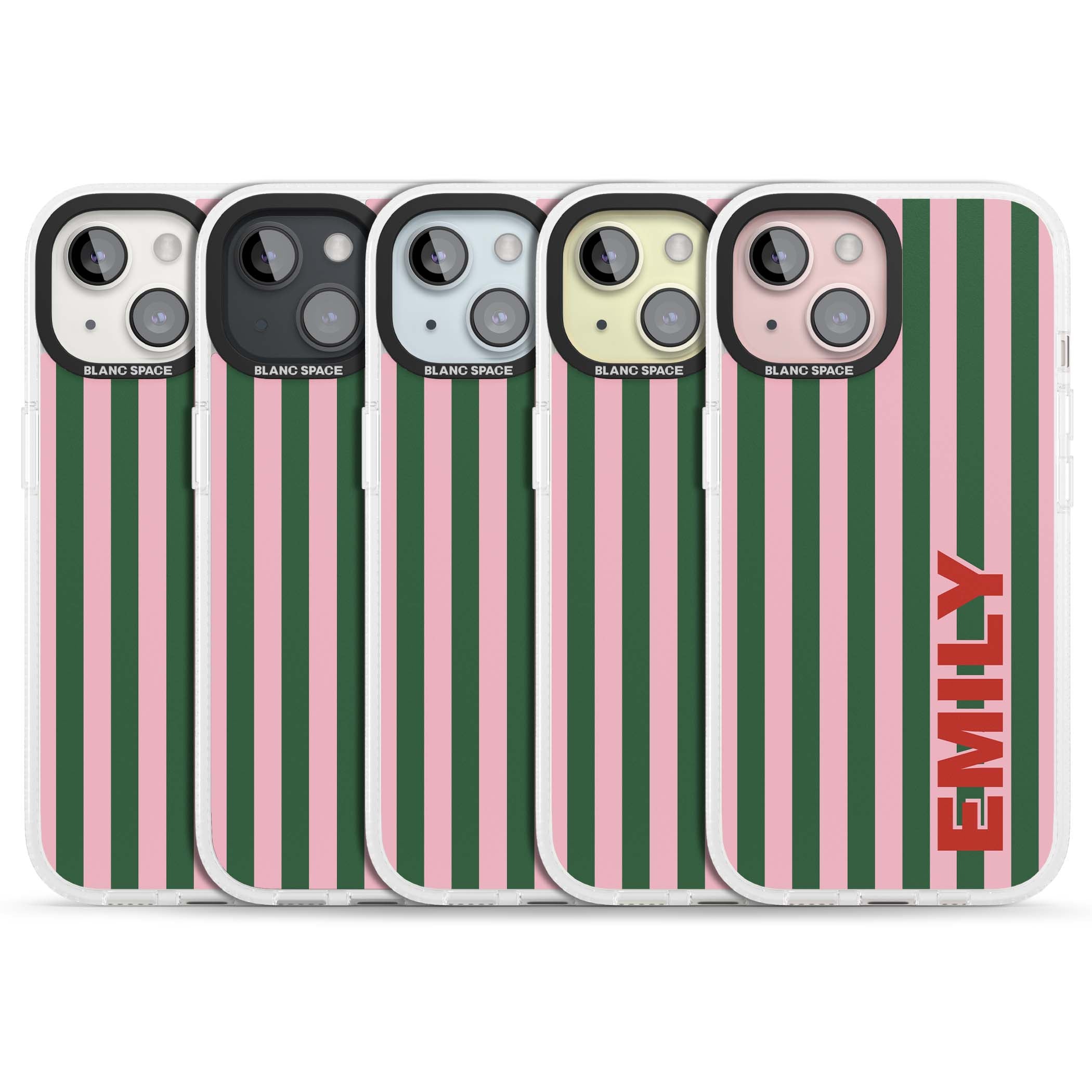 Italian Stripe preppy iPhone case featuring pink and green vertical stripes with personalised red name | Clear Case Impact Air case for iPhone 15, iPhone 15 Plus