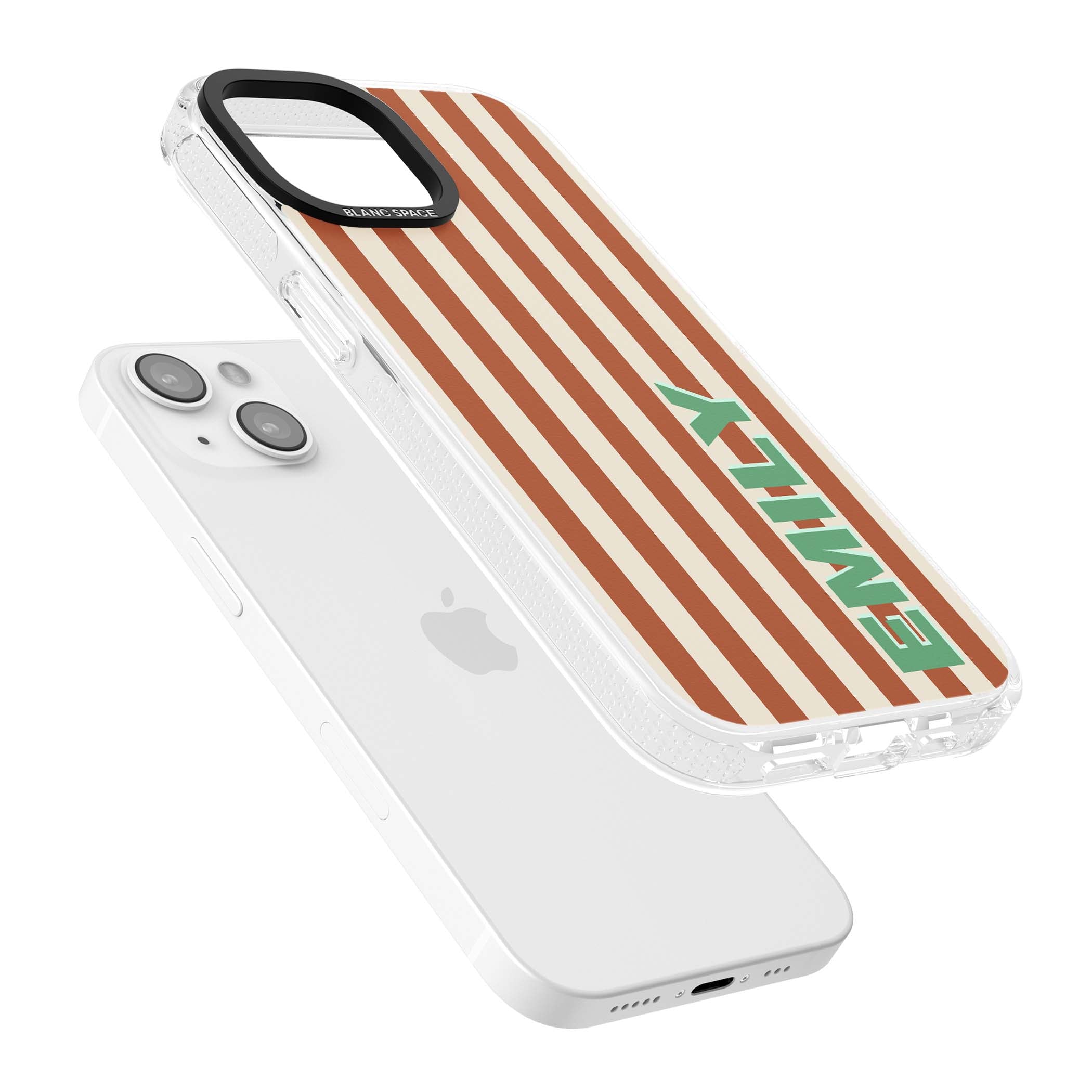 Dune Stripe personalised iPhone case with rust and cream vertical stripes and custom name in mint green | Clear Case Impact Air case for iPhone 15, iPhone 15 Plus