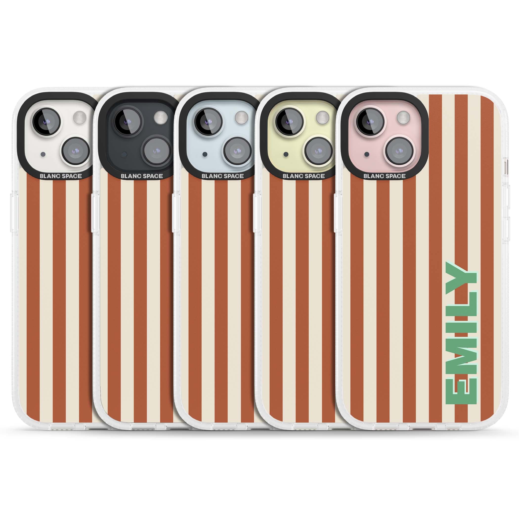 Dune Stripe personalised iPhone case with rust and cream vertical stripes and custom name in mint green | Clear Case Impact Air case for iPhone 15, iPhone 15 Plus