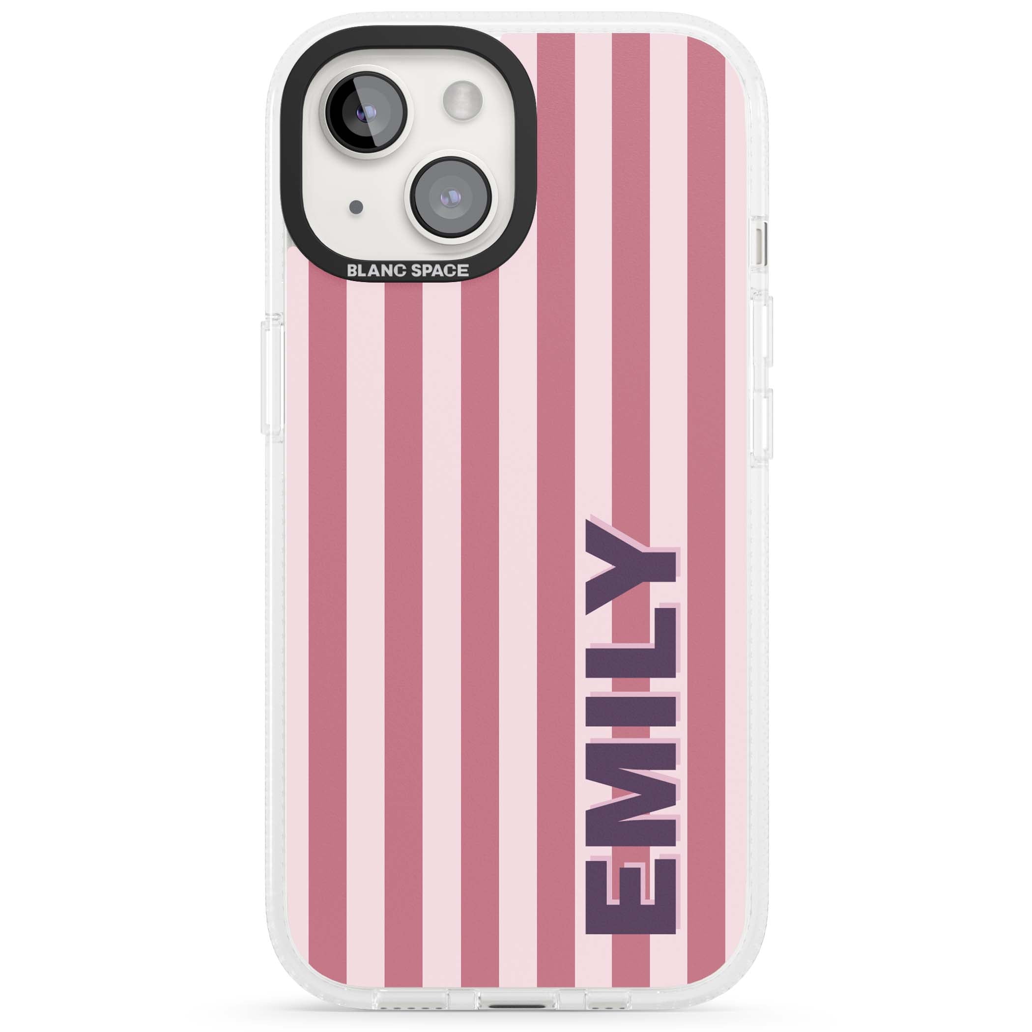Victoria Stripe personalised iPhone case featuring pink vertical stripes and custom name in bold plum lettering | Clear Case Impact Air case for iPhone 15, iPhone 15 Plus