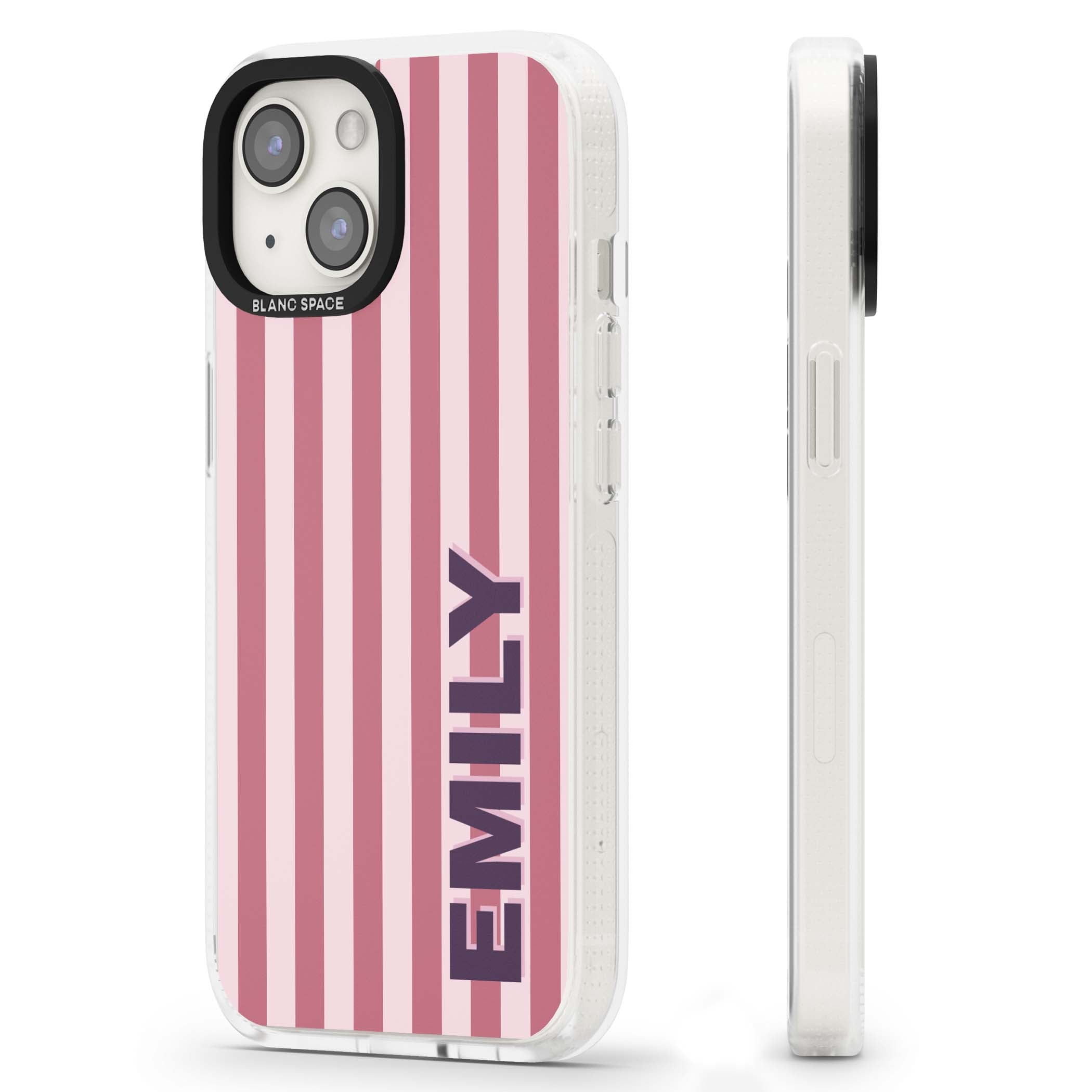 Victoria Stripe personalised iPhone case featuring pink vertical stripes and custom name in bold plum lettering | Clear Case Impact Air case for iPhone 15, iPhone 15 Plus