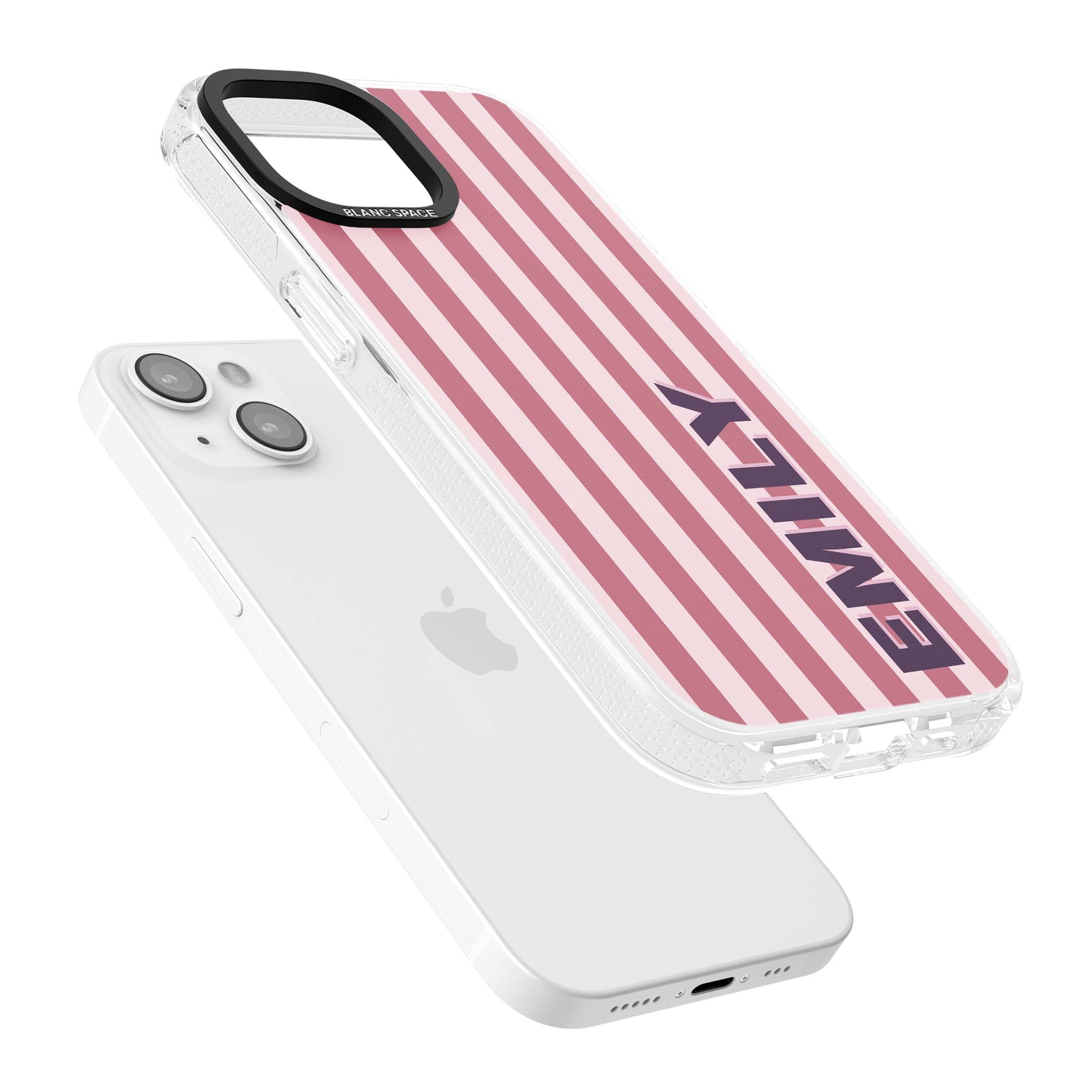 Victoria Stripe personalised iPhone case featuring pink vertical stripes and custom name in bold plum lettering | Clear Case Impact Air case for iPhone 15, iPhone 15 Plus