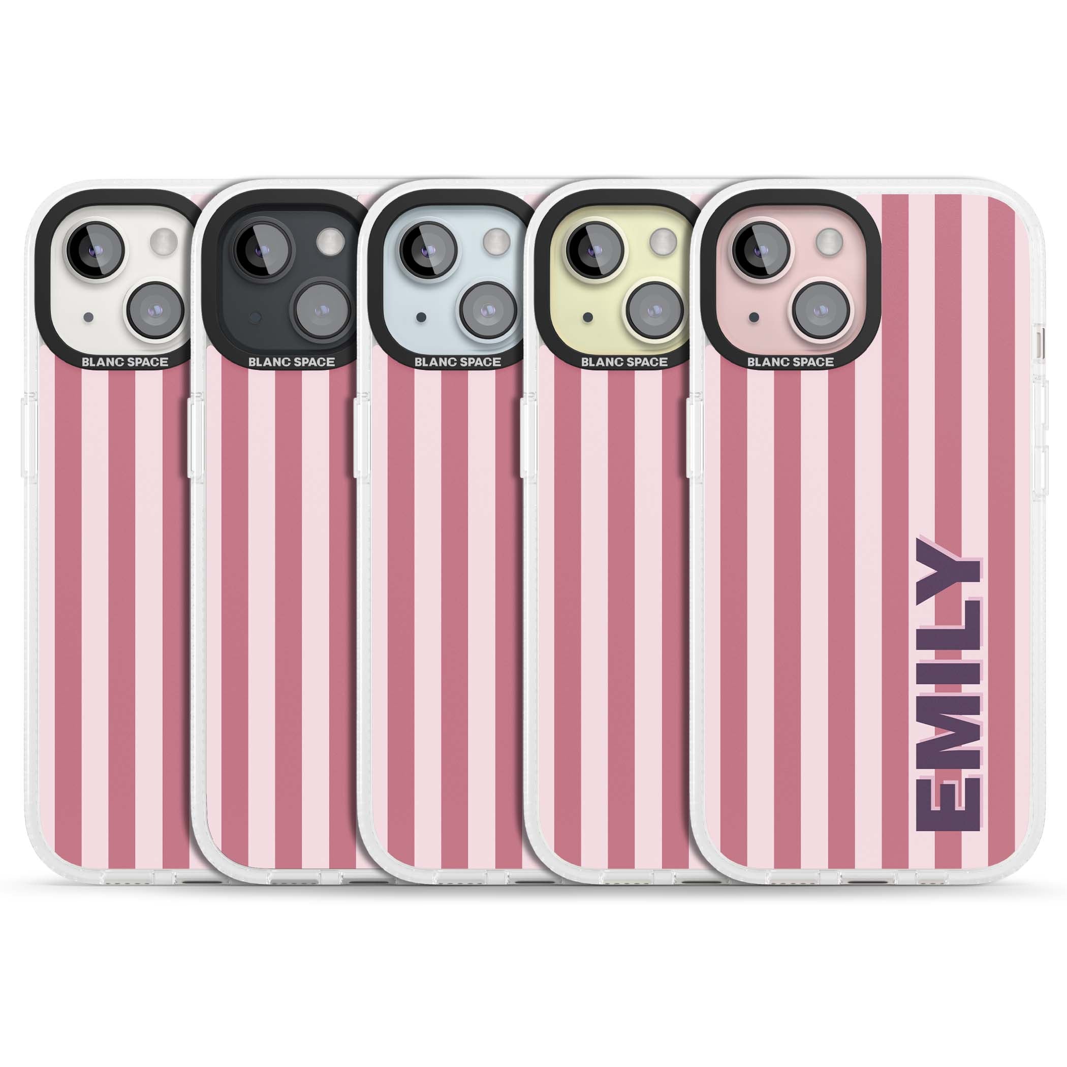 Victoria Stripe personalised iPhone case featuring pink vertical stripes and custom name in bold plum lettering | Clear Case Impact Air case for iPhone 15, iPhone 15 Plus