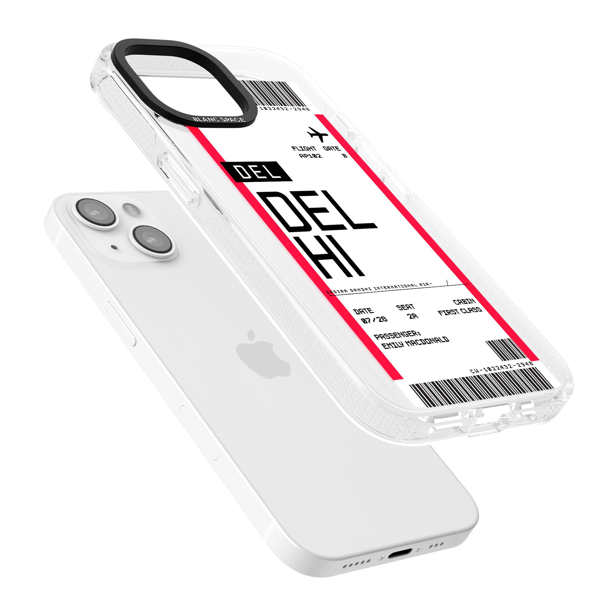 Personalised Delhi Boarding Pass iPhone 15 / 14 / 13 Clear Case Impact Air - Blanc Space