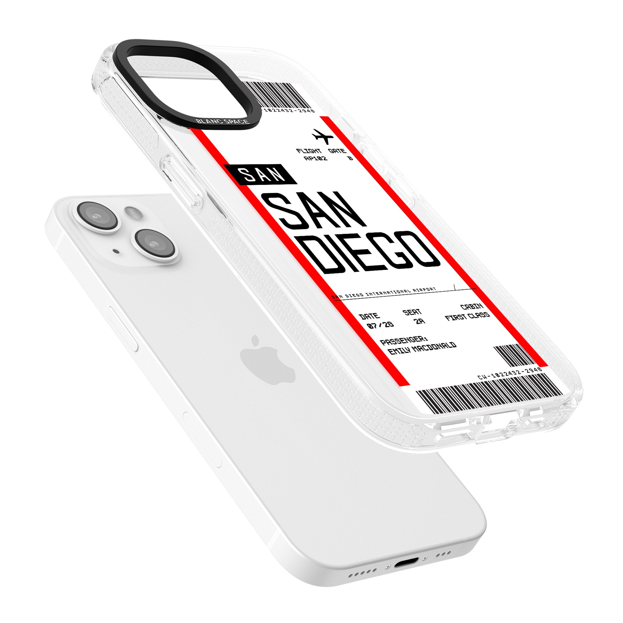Personalised San Diego Boarding Pass iPhone 15 / 14 / 13 Clear Case Impact Air - Blanc Space