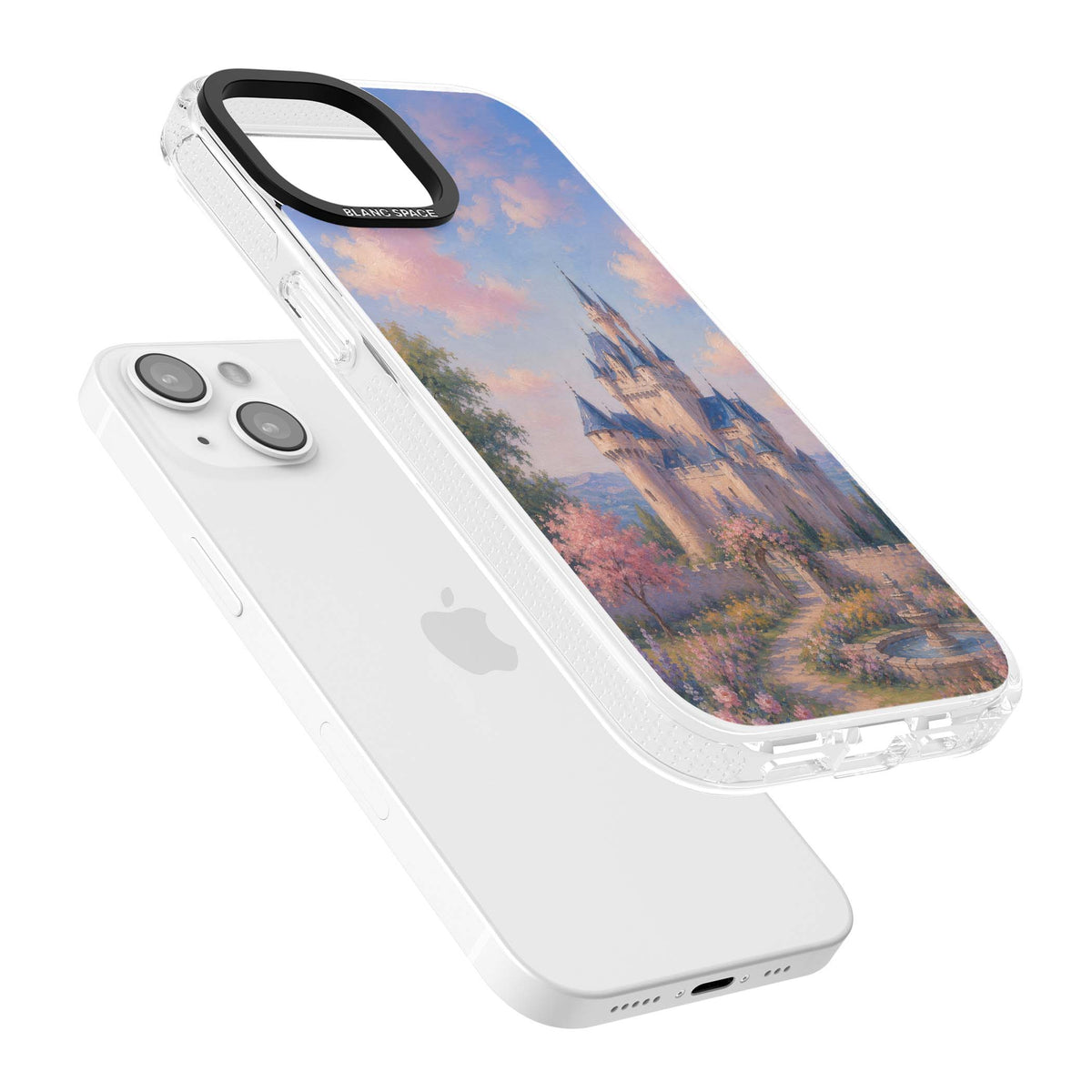 Enchanted Kingdom fairytale iPhone case featuring a romantic castle painting with cherry blossoms and pastel pink sky | Clear Case Impact Air case for iPhone 15, iPhone 15 Plus