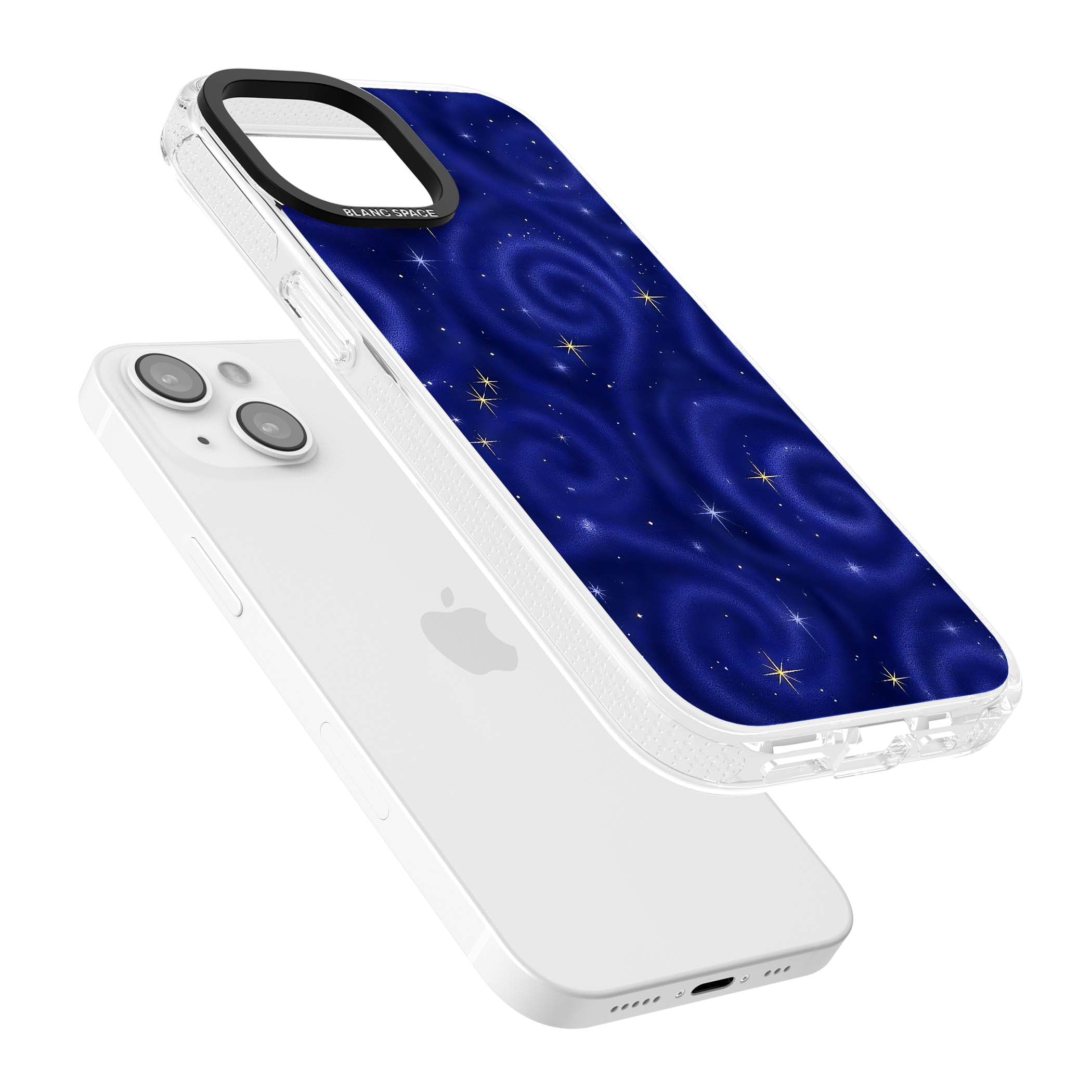 Indigo Cosmos celestial iPhone case featuring swirling navy night sky and sparkling golden stars | Clear Case Impact Air case for iPhone 15, iPhone 15 Plus