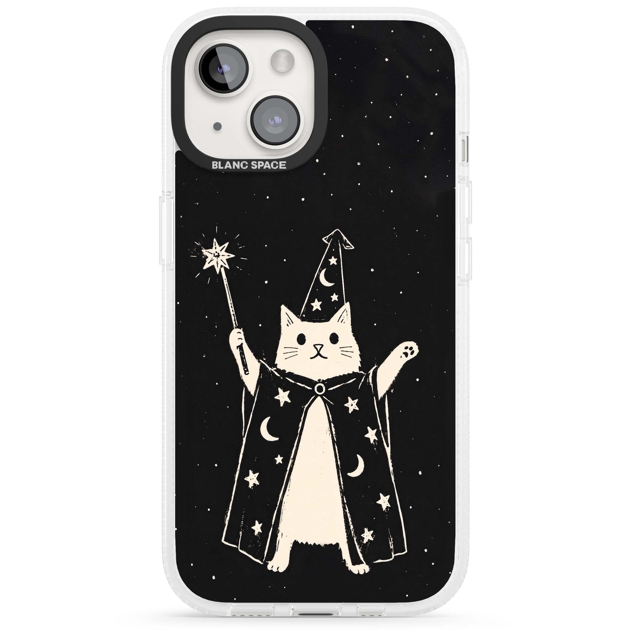 Whisker Wizard celestial cat iPhone case featuring a wizard cat with magic wand, starry night sky and crescent moons | Clear Case Impact Air case for iPhone 15, iPhone 15 Plus
