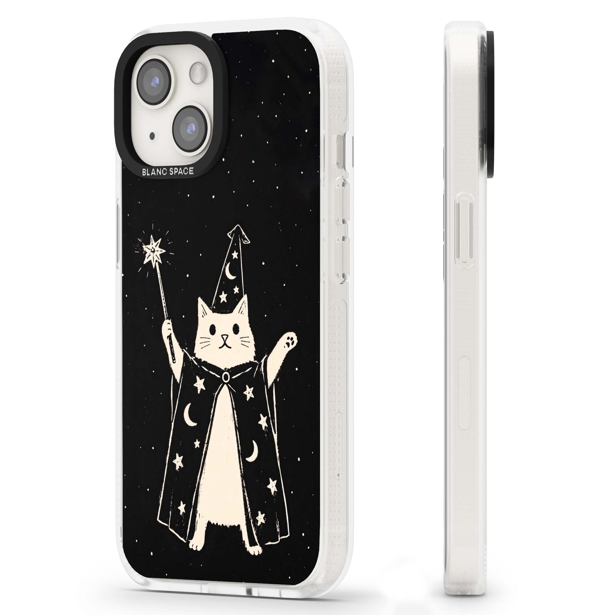 Whisker Wizard celestial cat iPhone case featuring a wizard cat with magic wand, starry night sky and crescent moons | Clear Case Impact Air case for iPhone 15, iPhone 15 Plus