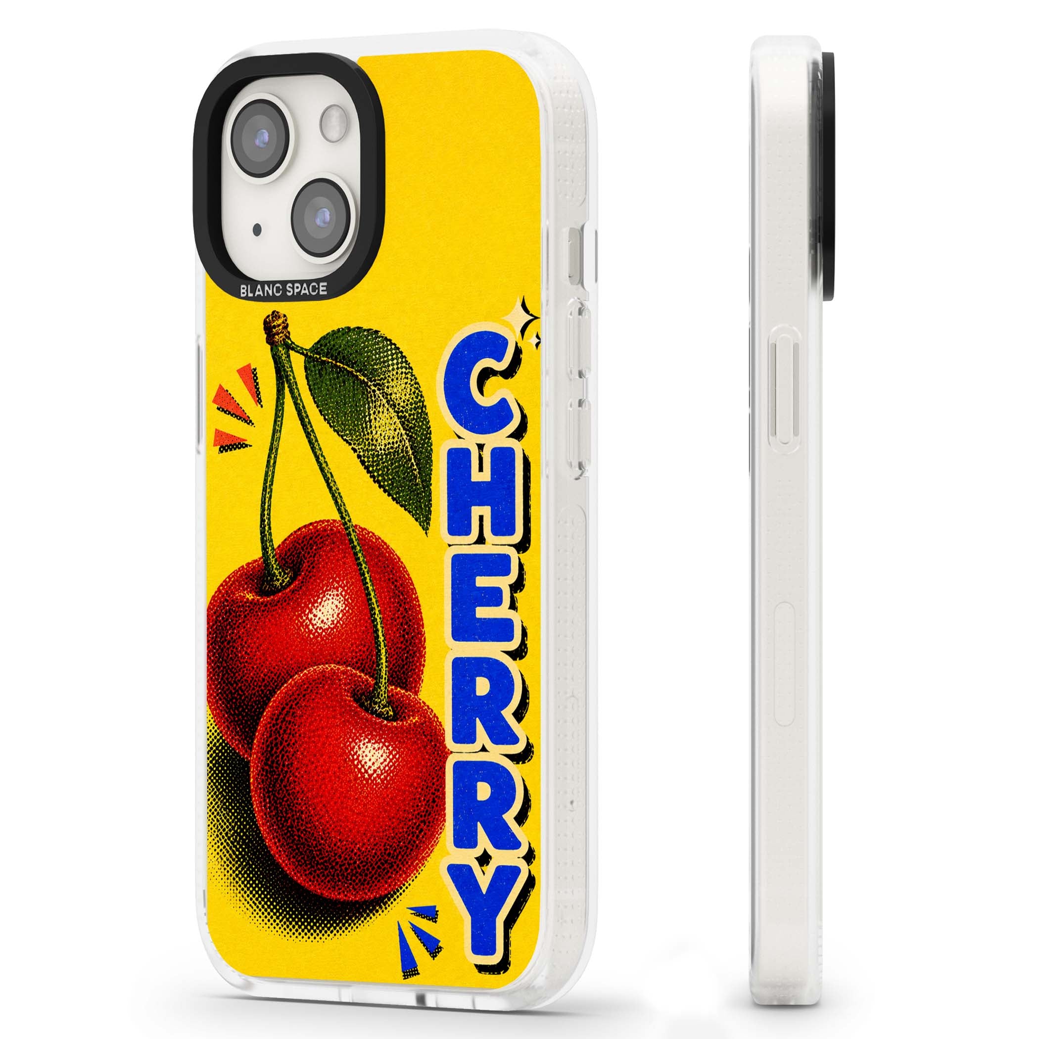Cherry Yellow y2k iPhone case featuring two red cherries, halftone shading and bold blue CHERRY lettering on yellow | Clear Case Impact Air case for iPhone 15, iPhone 15 Plus