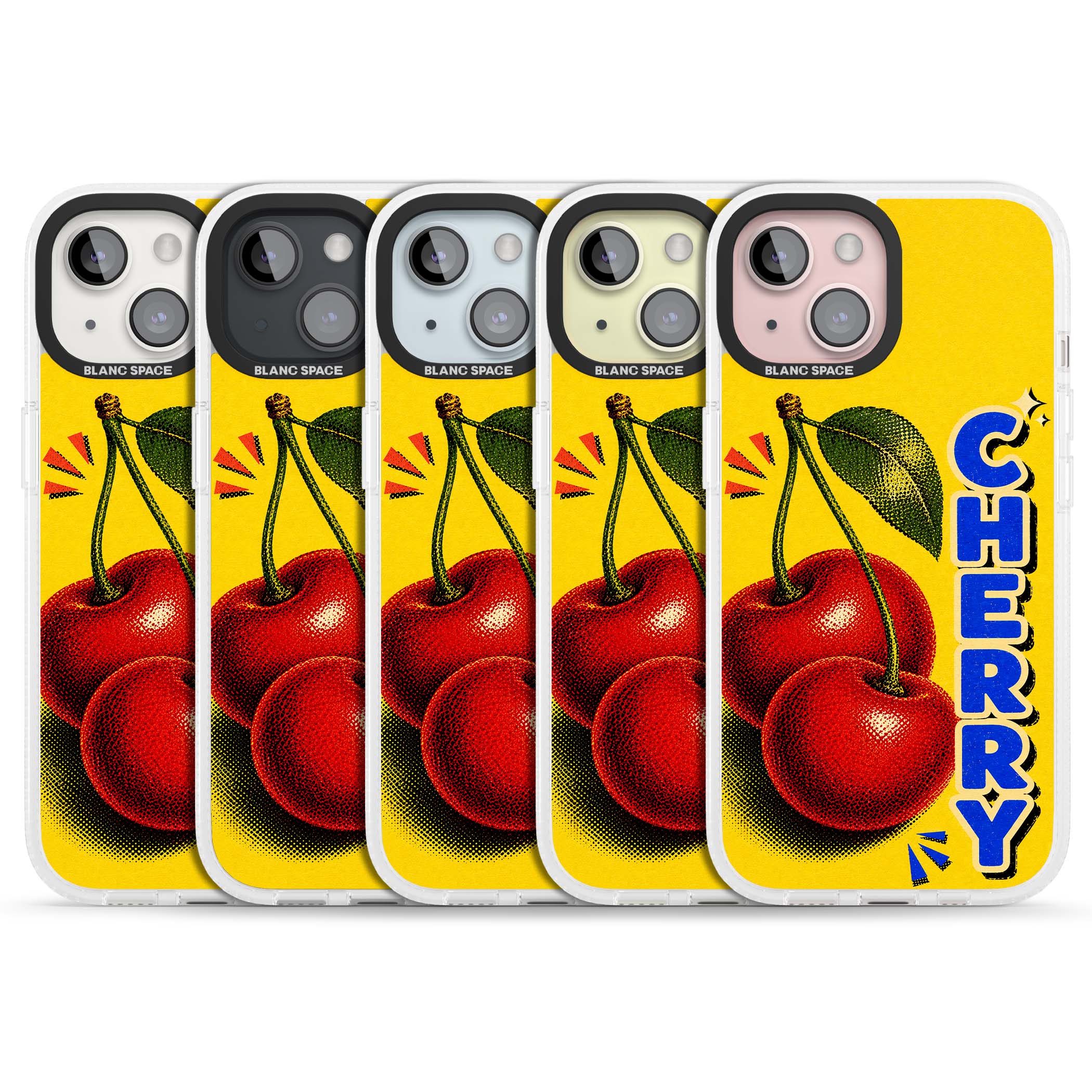 Cherry Yellow y2k iPhone case featuring two red cherries, halftone shading and bold blue CHERRY lettering on yellow | Clear Case Impact Air case for iPhone 15, iPhone 15 Plus