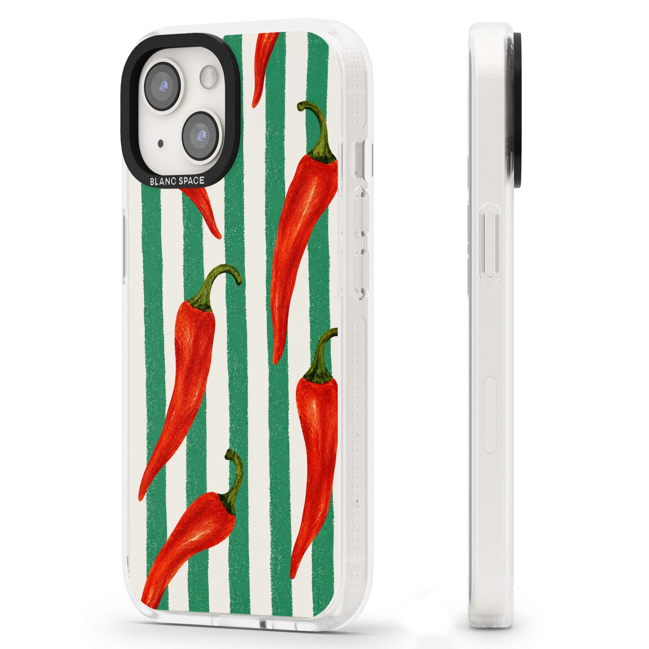 Striped Chillis coastal iPhone case featuring hand-painted red chili peppers on green and cream stripes | Clear Case Impact Air case for iPhone 15, iPhone 15 Plus
