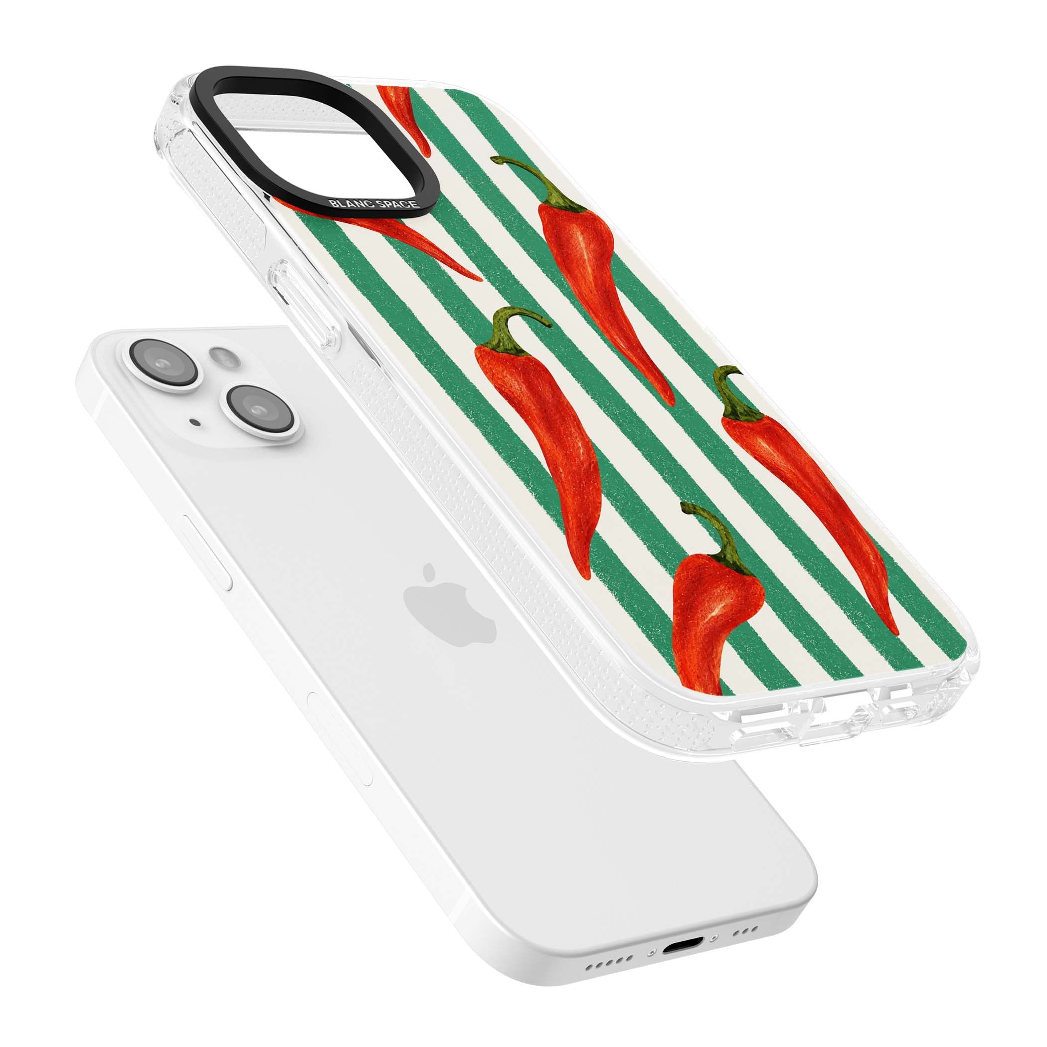 Striped Chillis coastal iPhone case featuring hand-painted red chili peppers on green and cream stripes | Clear Case Impact Air case for iPhone 15, iPhone 15 Plus