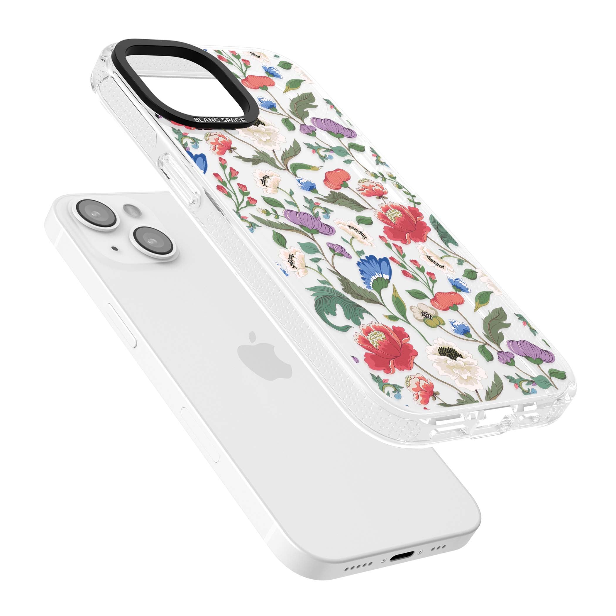 Chinoiserie Bloom vintage floral iPhone case featuring hand-painted peonies, poppies and trailing wildflowers on clear... | Clear Case Impact Air case for iPhone 15, iPhone 15 Plus