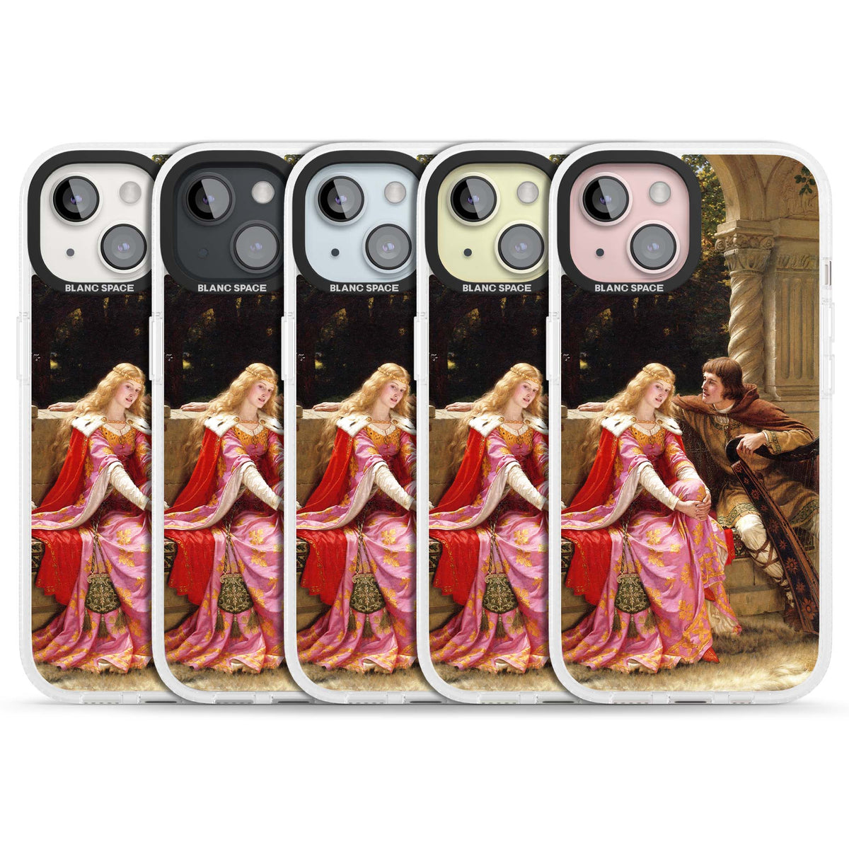 The End of the Song classic art iPhone case featuring a medieval lady in pink gown and her knight in a stone archway | Clear Case Impact Air case for iPhone 15, iPhone 15 Plus
