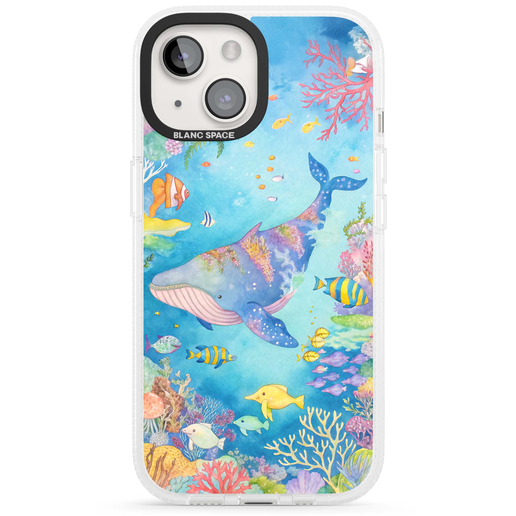 Coral Lagoon ocean iPhone case featuring a watercolour whale, coral reef and tropical fish | Clear Case Impact Air case for iPhone 15, iPhone 15 Plus