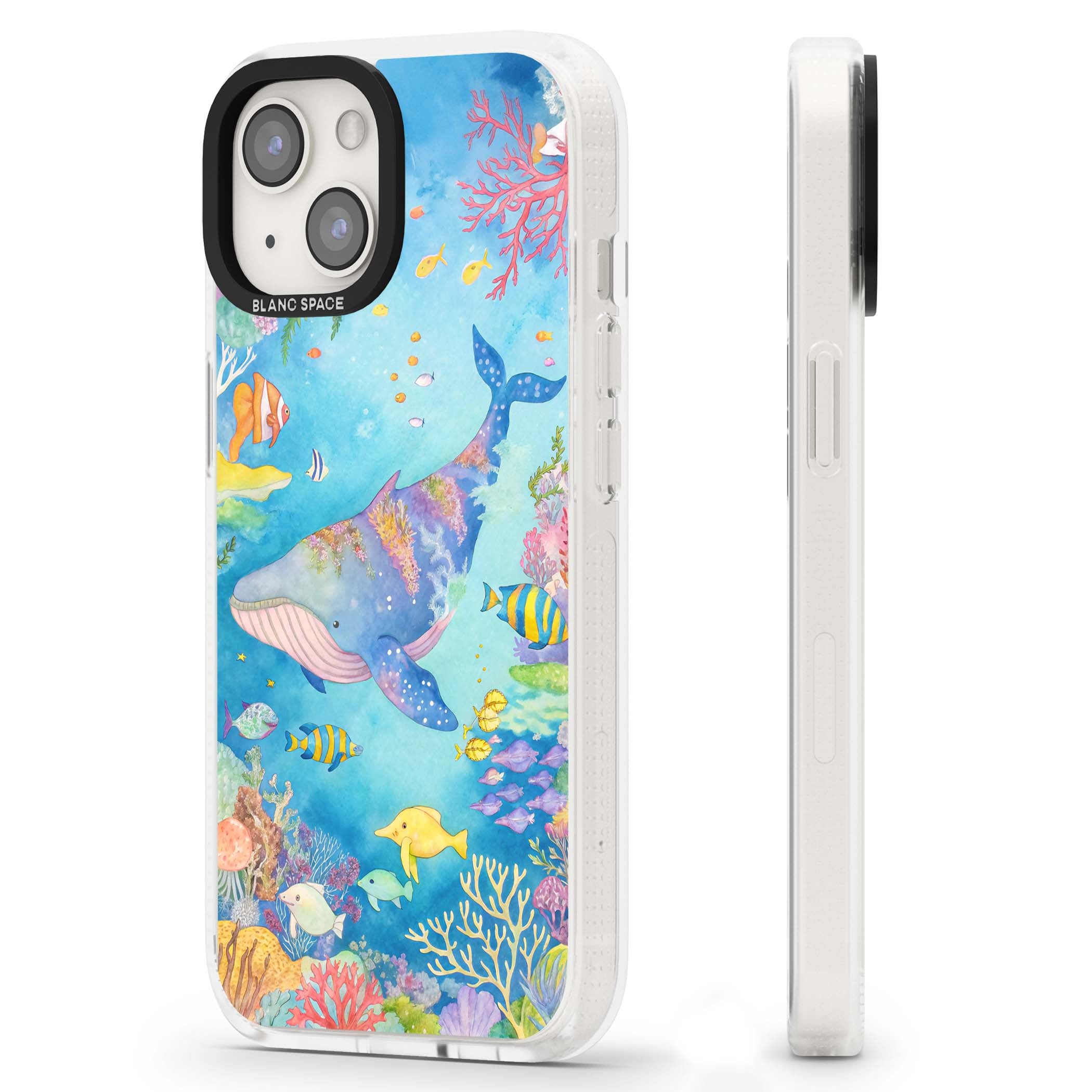 Coral Lagoon ocean iPhone case featuring a watercolour whale, coral reef and tropical fish | Clear Case Impact Air case for iPhone 15, iPhone 15 Plus
