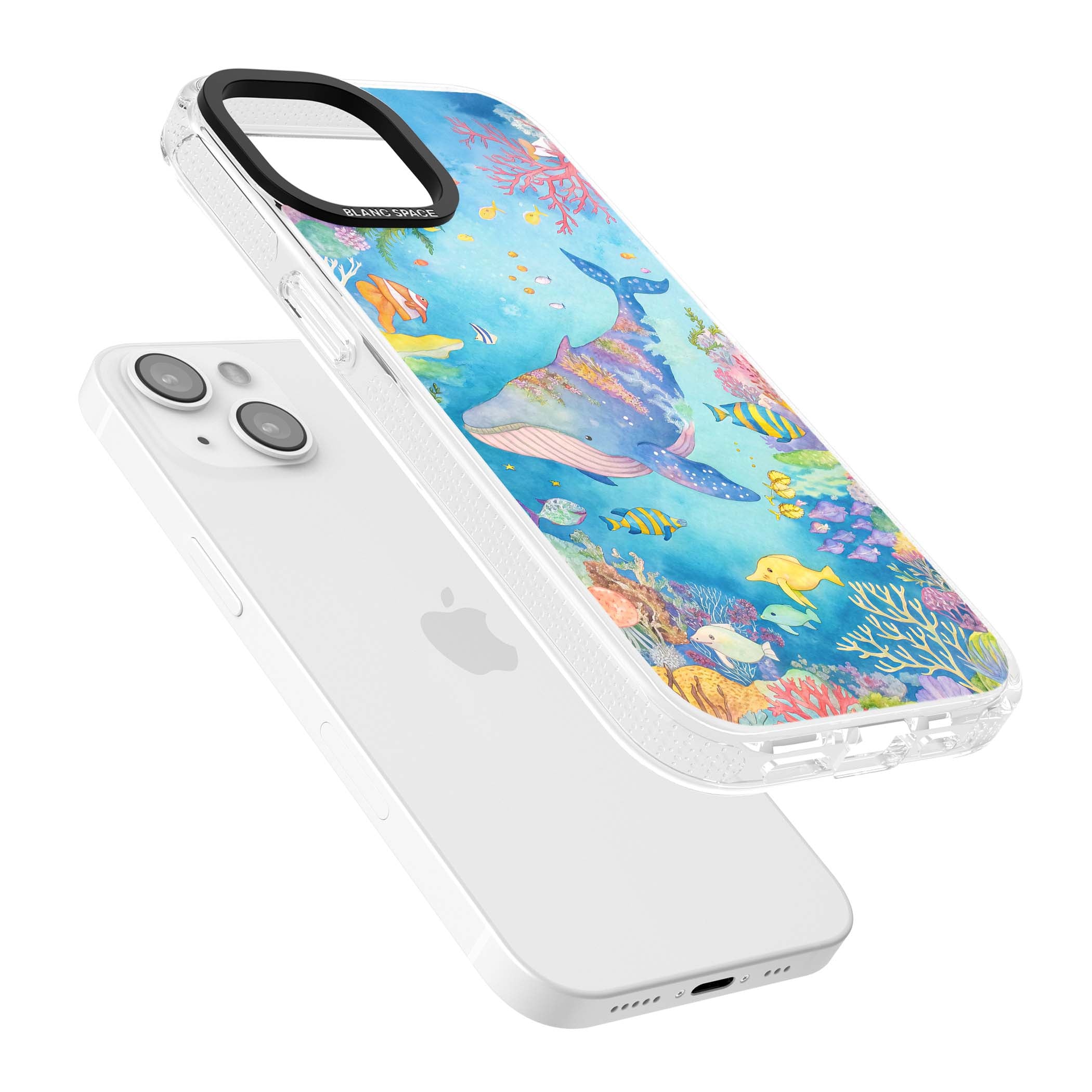 Coral Lagoon ocean iPhone case featuring a watercolour whale, coral reef and tropical fish | Clear Case Impact Air case for iPhone 15, iPhone 15 Plus