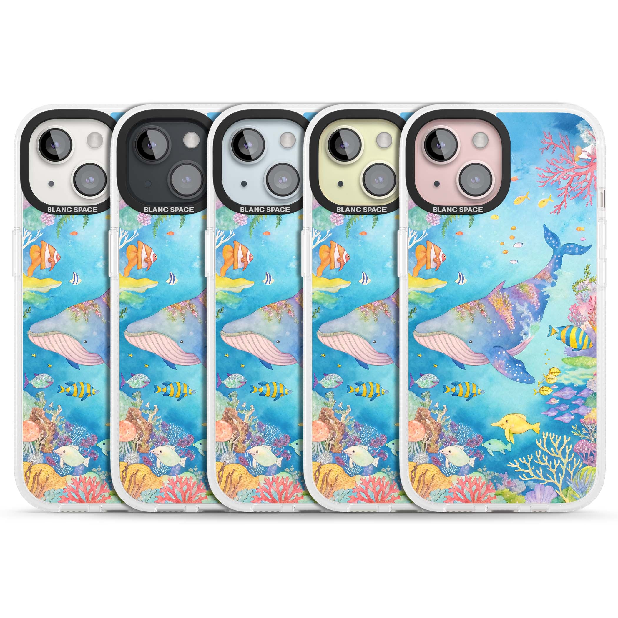 Coral Lagoon ocean iPhone case featuring a watercolour whale, coral reef and tropical fish | Clear Case Impact Air case for iPhone 15, iPhone 15 Plus
