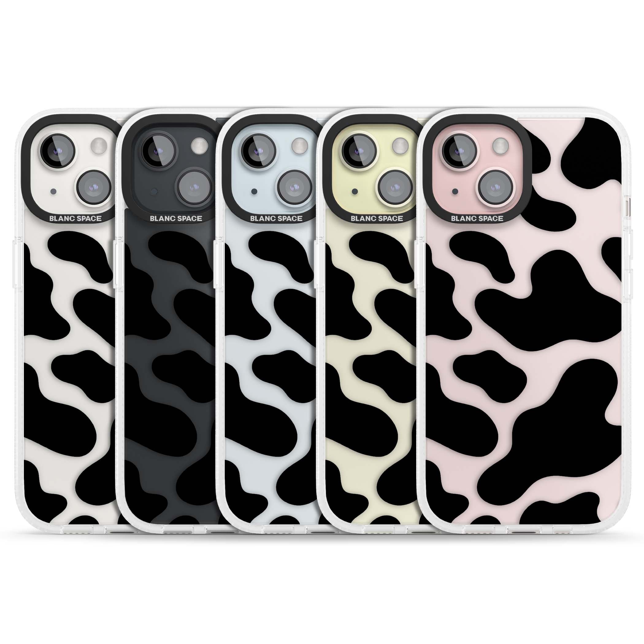 Clear Cow Print cow print iPhone case featuring black and white cow pattern splotches on a clear background | Clear Case Impact Air case for iPhone 15, iPhone 15 Plus