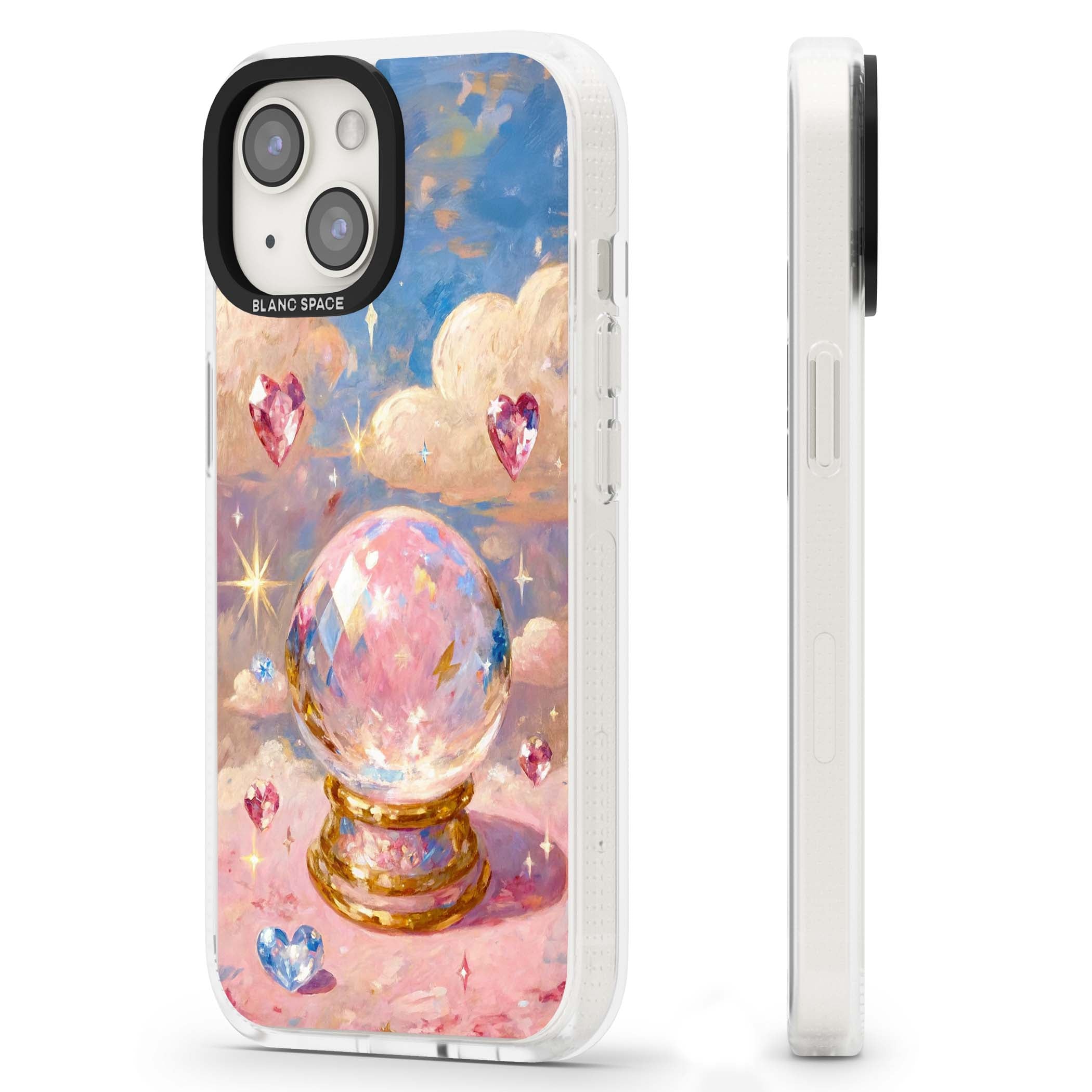 Crystal Ball fairycore iPhone case featuring a painted crystal ball, heart gemstones, and pastel clouds | Clear Case Impact Air case for iPhone 15, iPhone 15 Plus