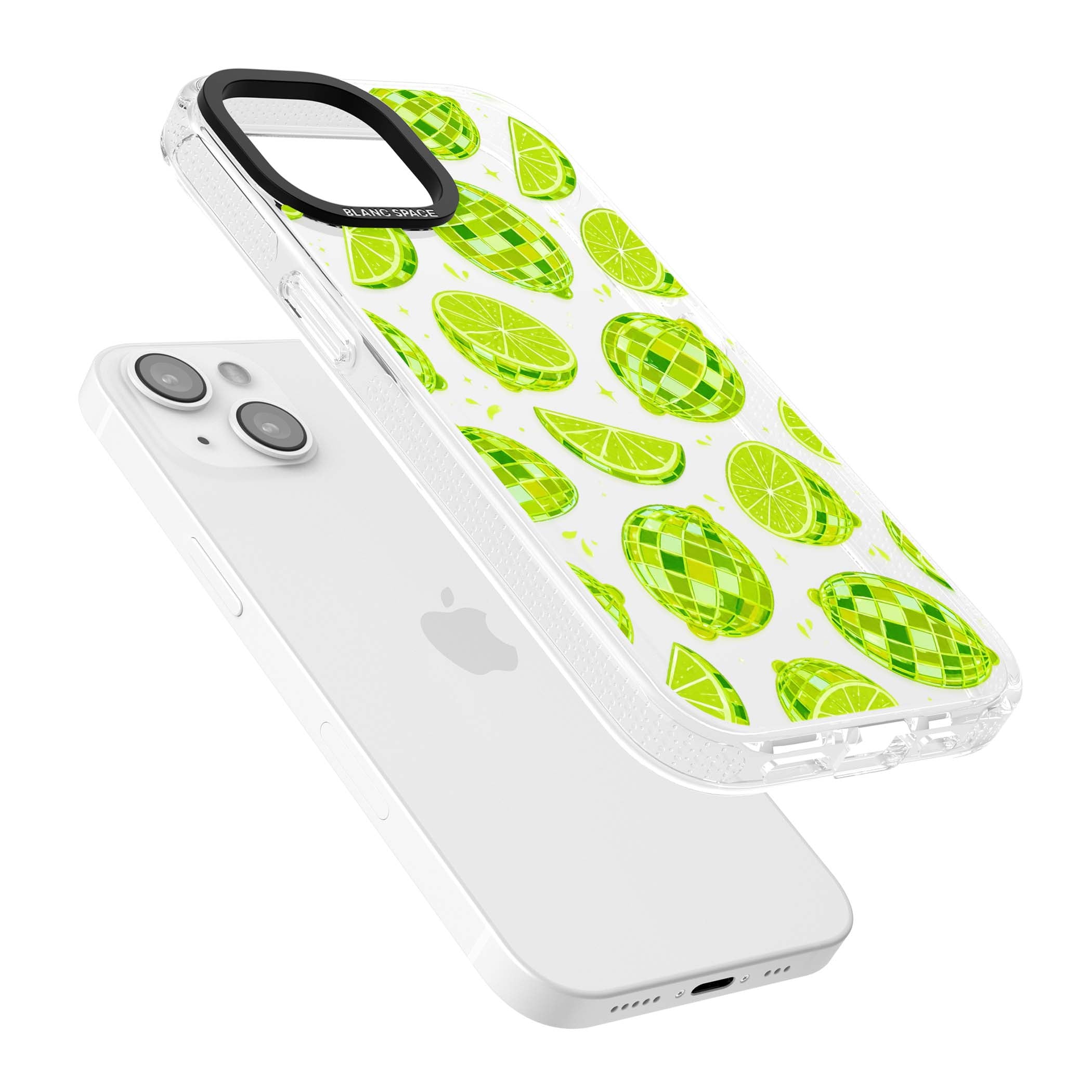 Disco Limes fruit aesthetic iPhone case featuring green disco balls, lime slices and citrus sparkles | Clear Case Impact Air case for iPhone 15, iPhone 15 Plus