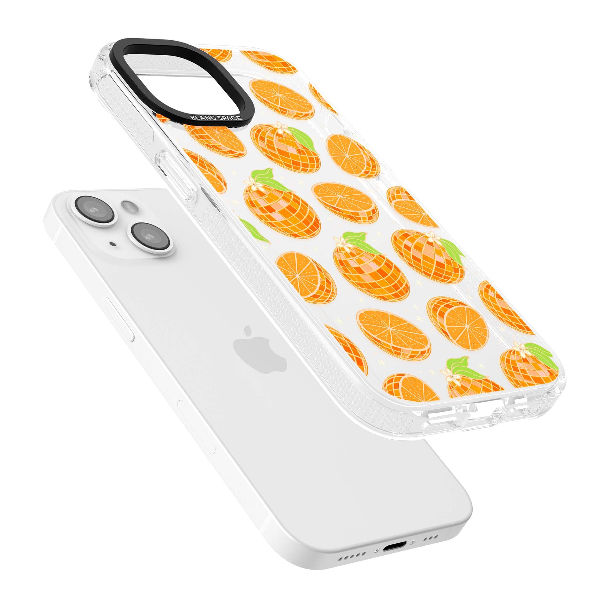 Disco Oranges retro iPhone case featuring mirrorball oranges, citrus slices and tiny blossoms on clear | Clear Case Impact Air case for iPhone 15, iPhone 15 Plus
