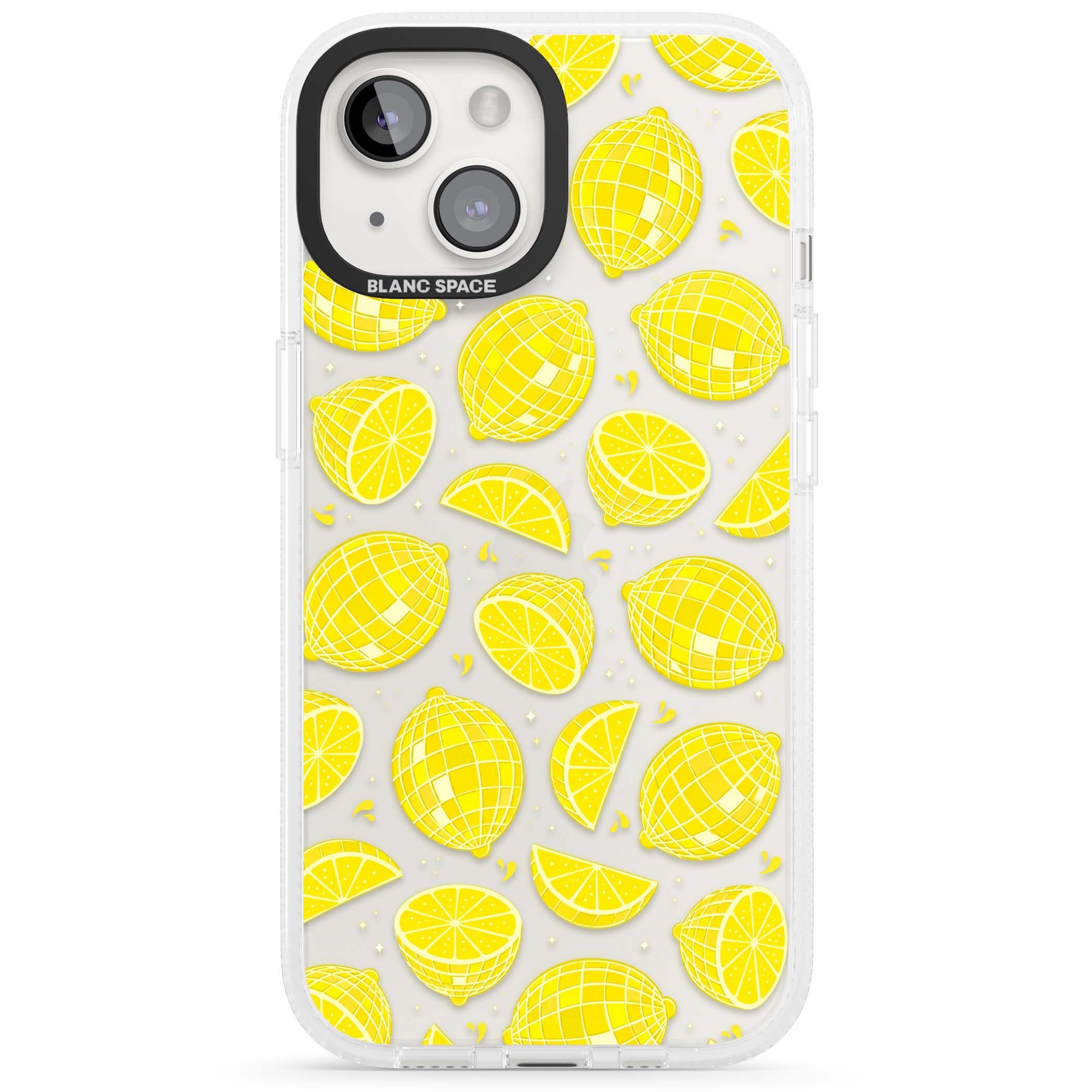 Disco Lemons citrus iPhone case featuring mirrorball lemons, sliced fruit and sparkle accents | Clear Case Impact Air case for iPhone 15, iPhone 15 Plus