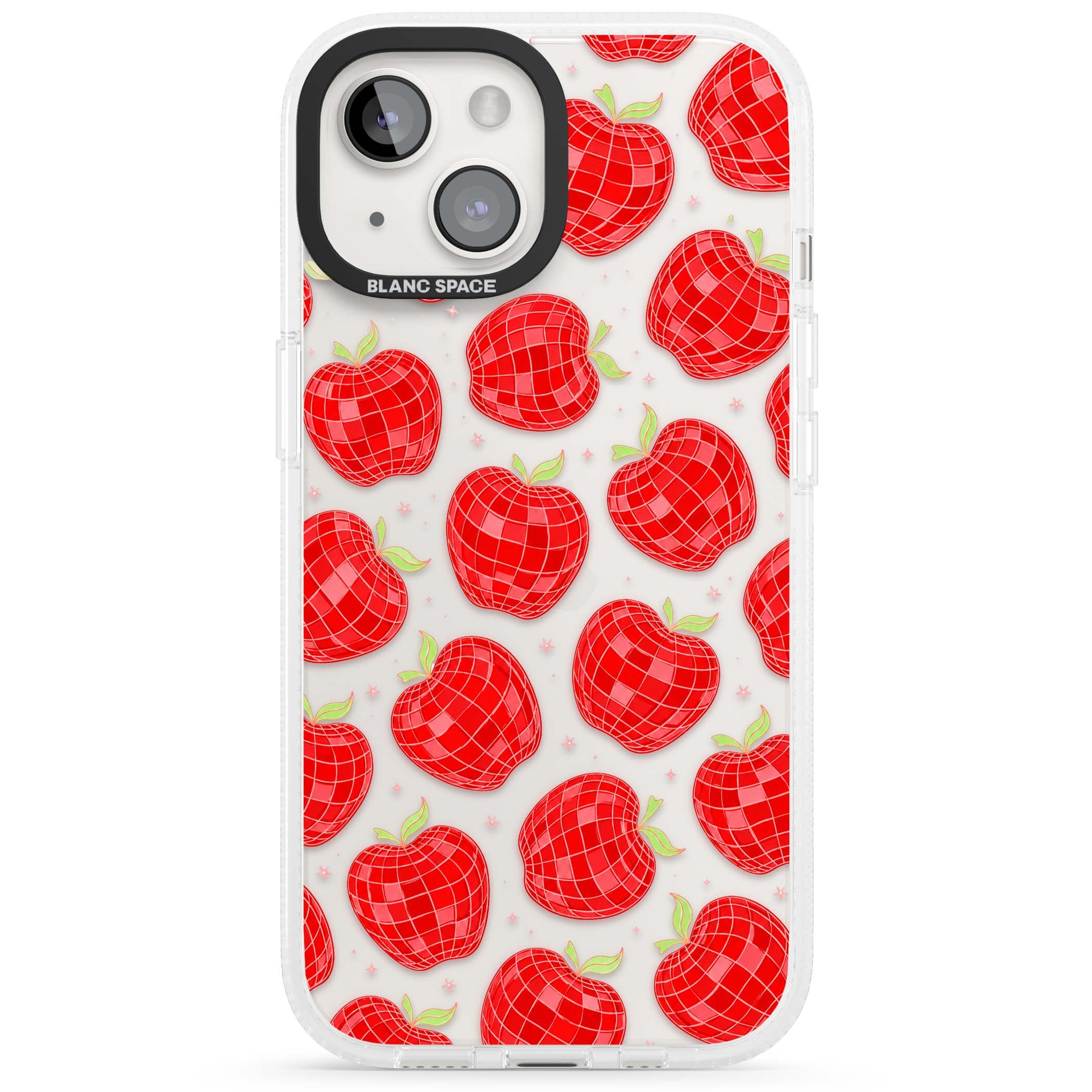 Disco Apples Y2K iPhone case featuring red disco ball apples, green leaves and pink sparkles on clear | Clear Case Impact Air case for iPhone 15, iPhone 15 Plus