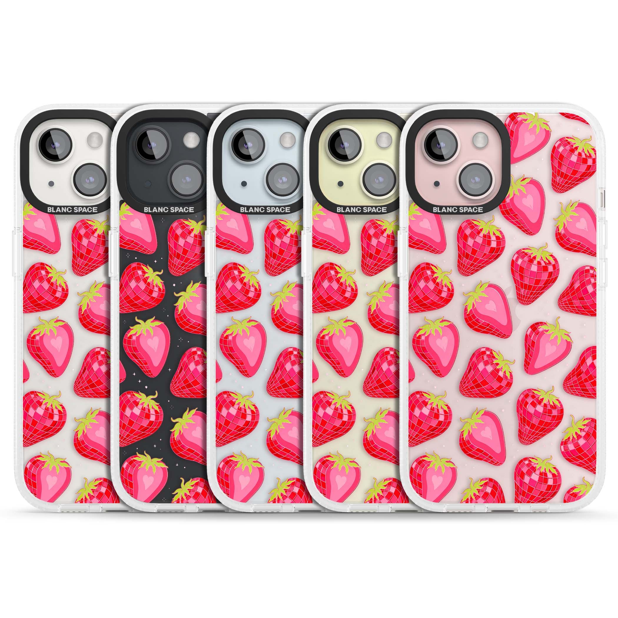Disco Strawberry Y2K iPhone case featuring pink disco-ball strawberries, green leaves and tiny sparkles | Clear Case Impact Air case for iPhone 15, iPhone 15 Plus