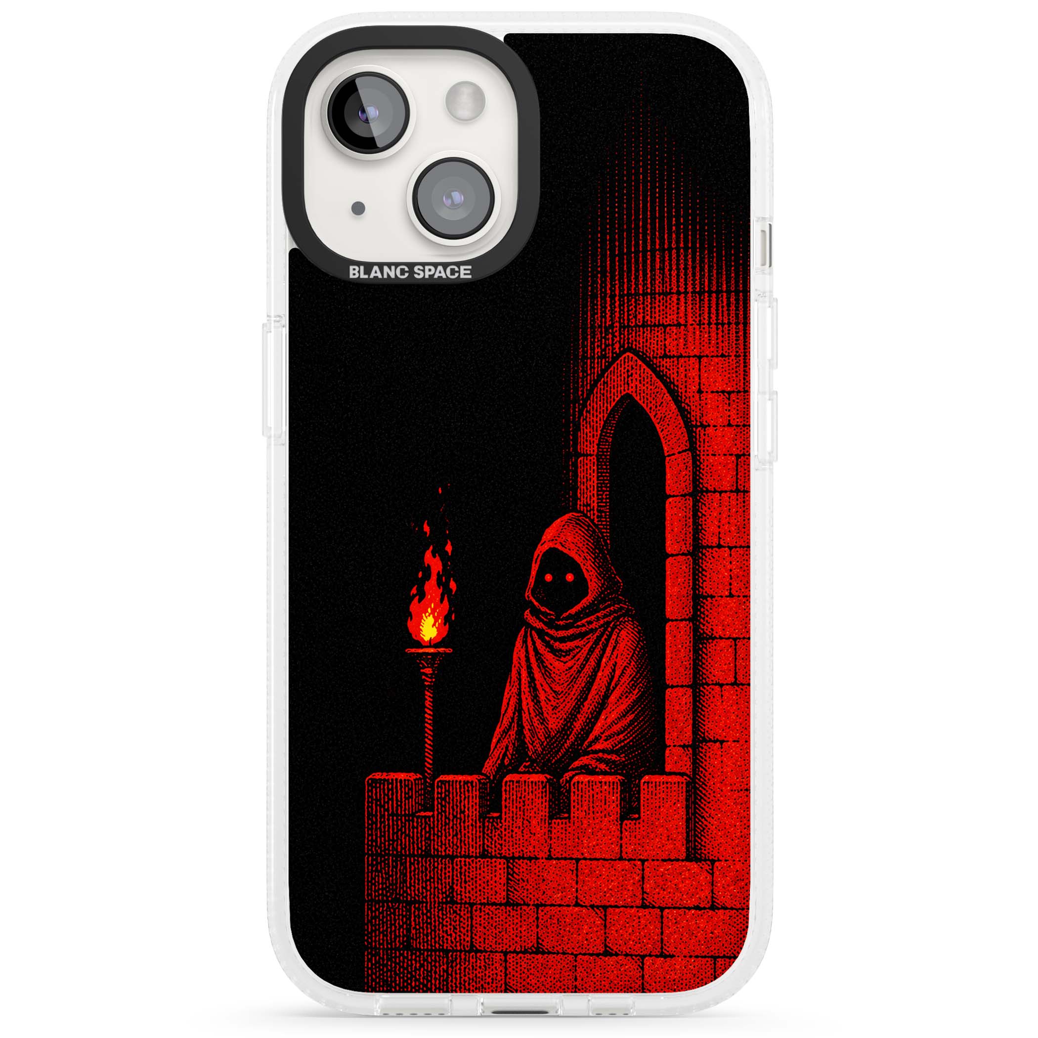 Crimson Crypt gothic iPhone case featuring a hooded reaper, torchlit crypt archway and red halftone horror art | Clear Case Impact Air case for iPhone 15, iPhone 15 Plus