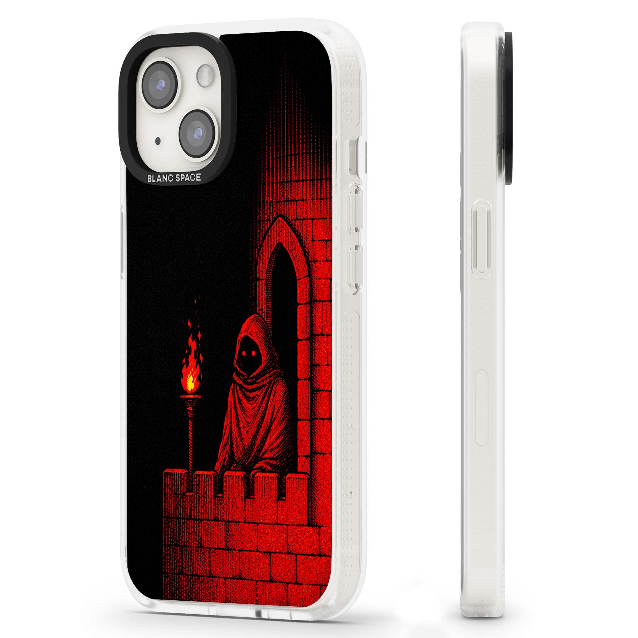 Crimson Crypt gothic iPhone case featuring a hooded reaper, torchlit crypt archway and red halftone horror art | Clear Case Impact Air case for iPhone 15, iPhone 15 Plus