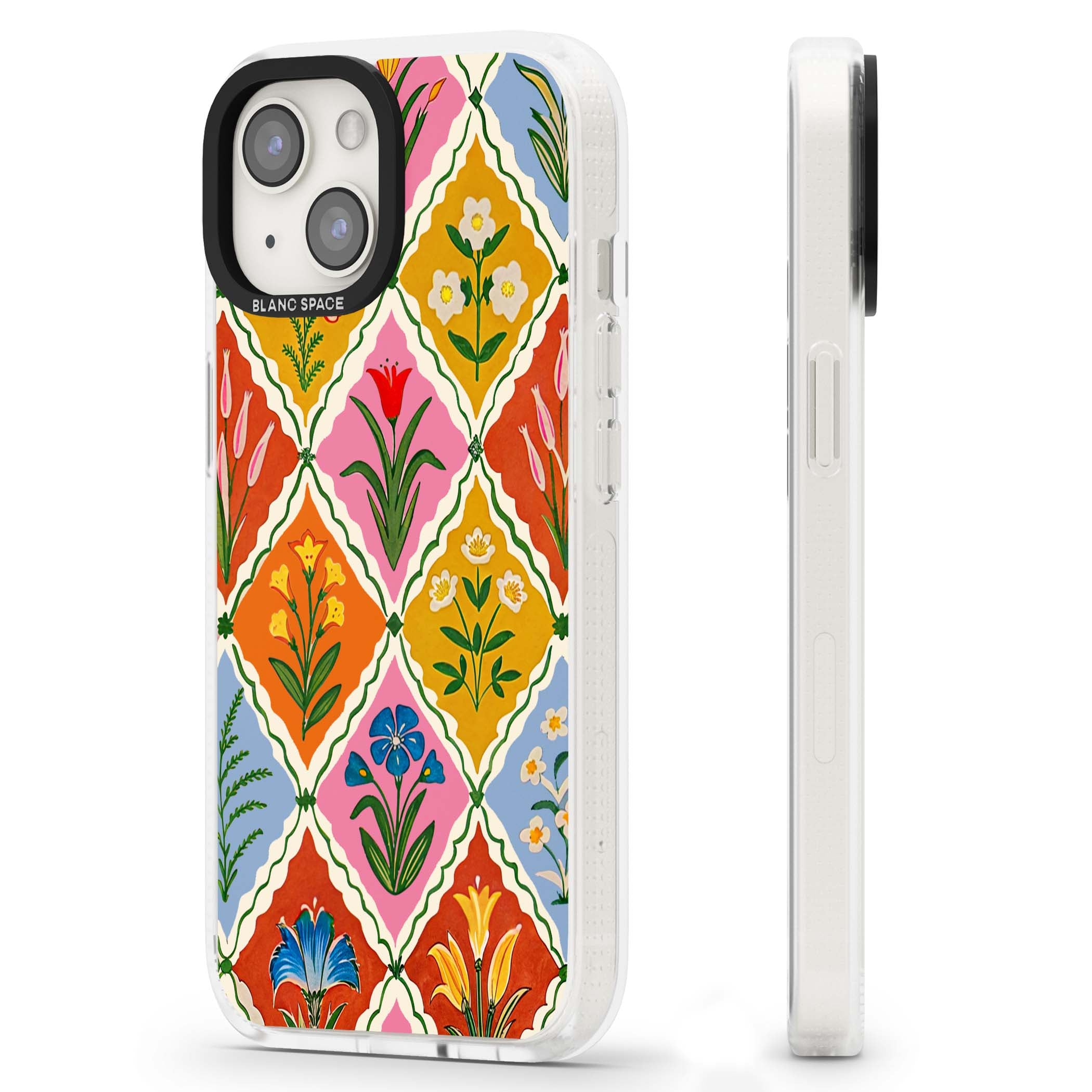 Floral Quilt boho floral iPhone case featuring diamond lattice pattern, hand-painted tulips and folk art wildflowers | Clear Case Impact Air case for iPhone 15, iPhone 15 Plus