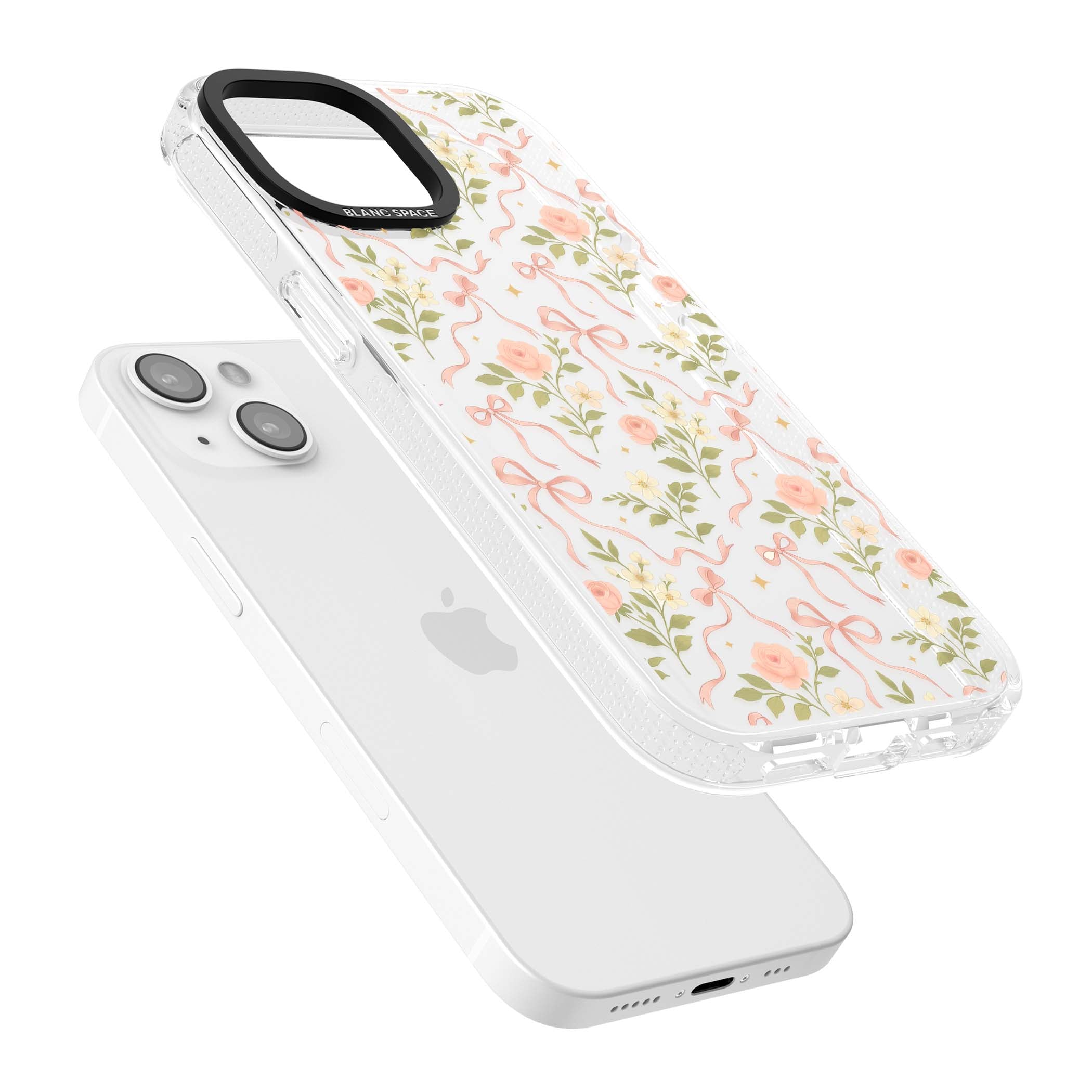 Ribbon Garden coquette iPhone case featuring pink bows, peach roses and wildflowers on white background | Clear Case Impact Air case for iPhone 15, iPhone 15 Plus