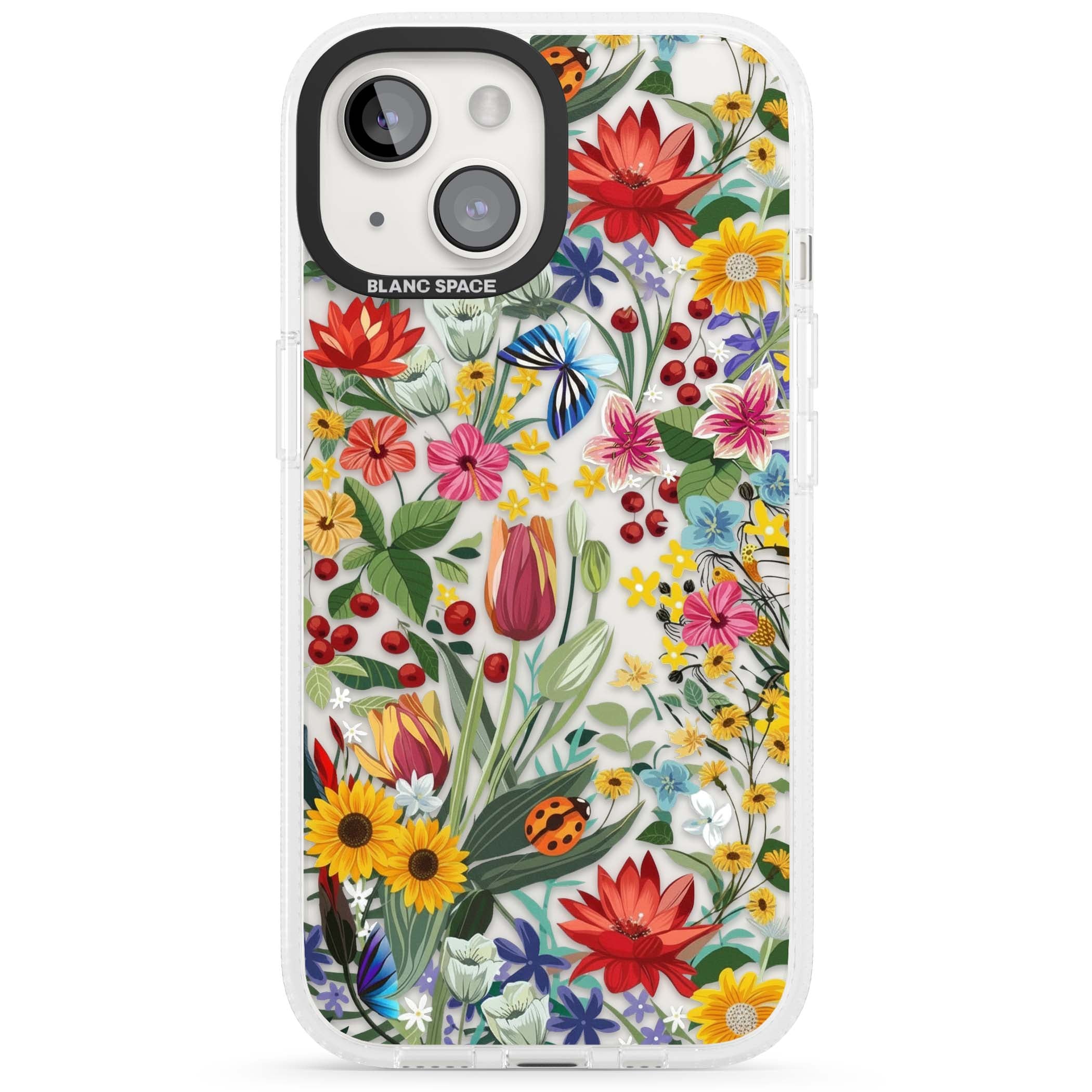 Botanical Bloom cottagecore iPhone case featuring colorful wildflowers, sunflowers, and ladybugs on clear background | Clear Case Impact Air case for iPhone 15, iPhone 15 Plus