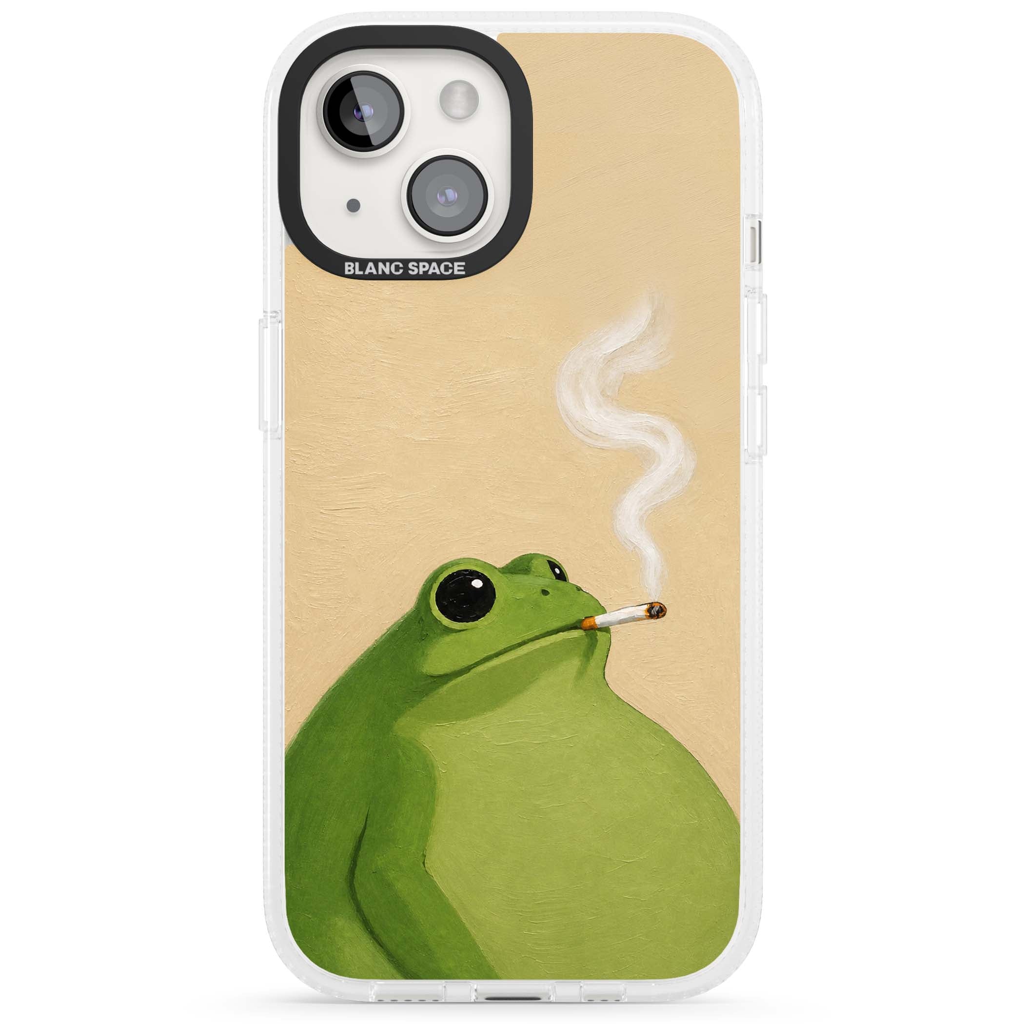The Smoking Frog cottagecore iPhone case featuring a hand-painted green frog smoking a cigarette on a cream oil painting back | Clear Case Impact Air case for iPhone 15, iPhone 15 Plus