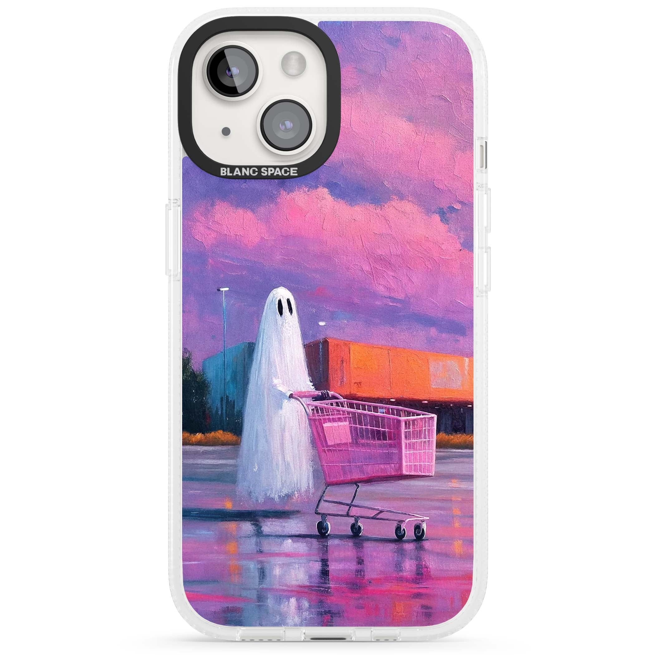 A Ghost's Errand ghost halloween iPhone case featuring a painted ghost, pink shopping trolley and purple sunset sky | Clear Case Impact Air case for iPhone 15, iPhone 15 Plus