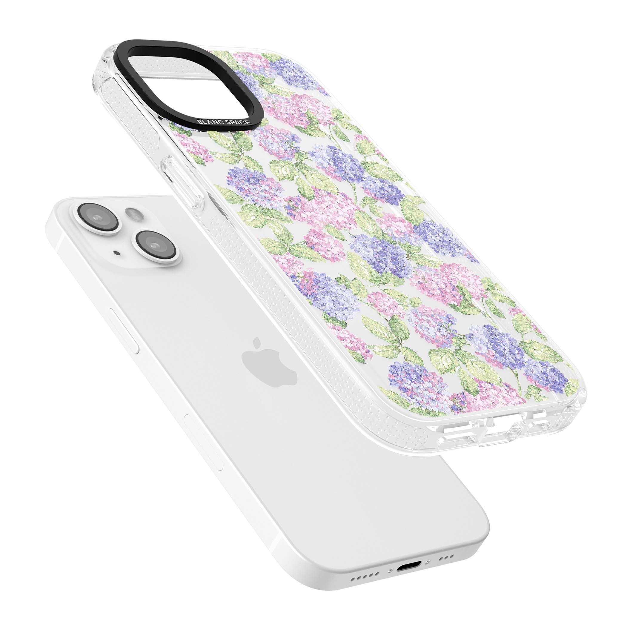 Cottage Hydrangea cottagecore iPhone case featuring pink and purple hydrangea blooms with green leaves on a clear background | Clear Case Impact Air case for iPhone 15, iPhone 15 Plus