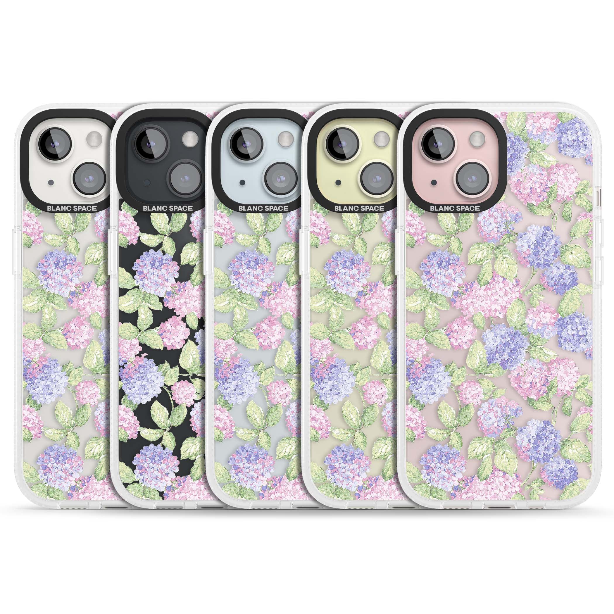 Cottage Hydrangea cottagecore iPhone case featuring pink and purple hydrangea blooms with green leaves on a clear background | Clear Case Impact Air case for iPhone 15, iPhone 15 Plus