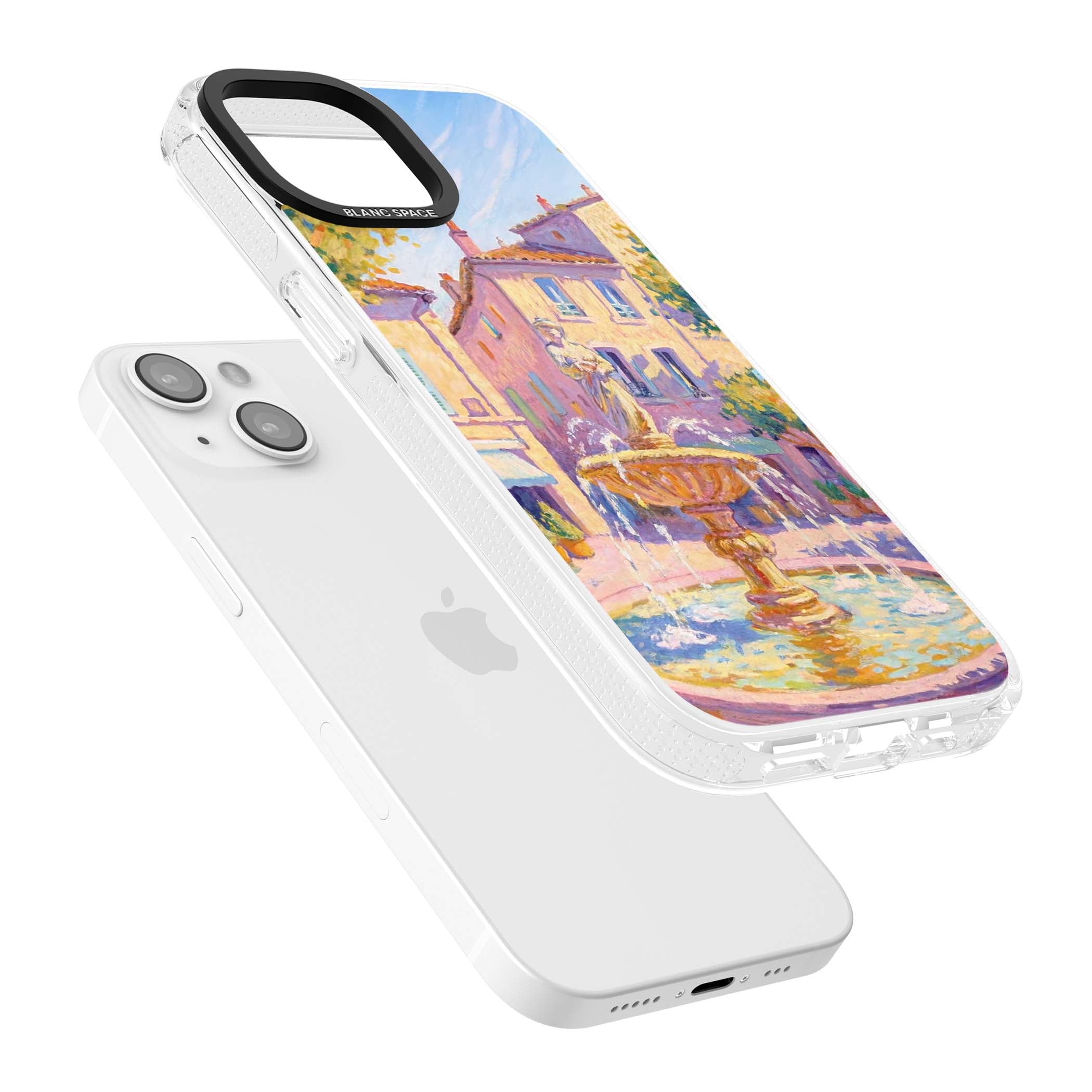 Fountain Square fine art iPhone case featuring an impressionist Provençal fountain, pastel village buildings and summe | Clear Case Impact Air case for iPhone 15, iPhone 15 Plus