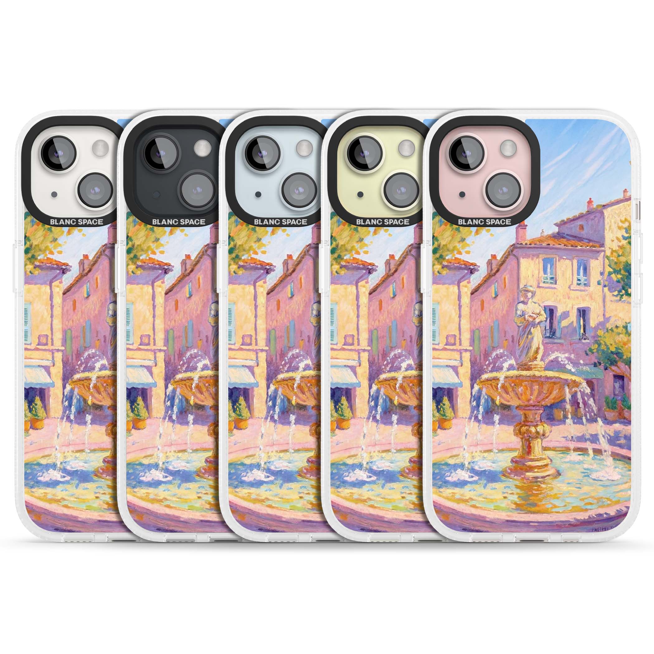 Fountain Square fine art iPhone case featuring an impressionist Provençal fountain, pastel village buildings and summe | Clear Case Impact Air case for iPhone 15, iPhone 15 Plus