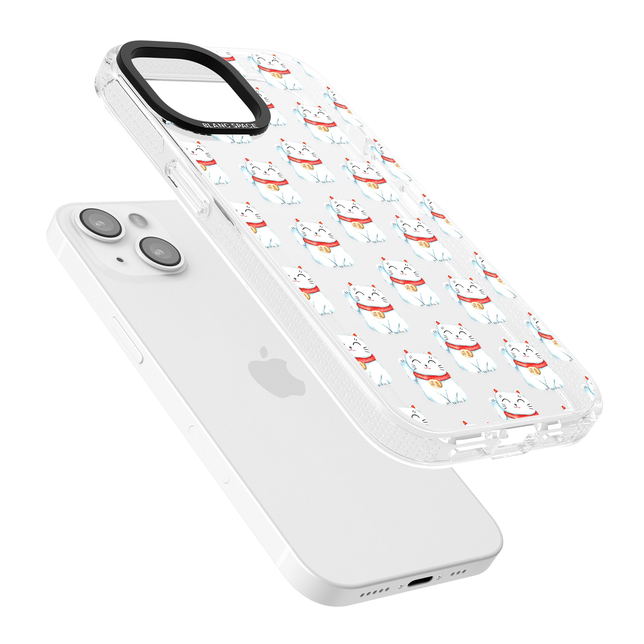Lucky Cat Maneki-Neko Japanese Pattern iPhone 15 / 14 / 13 Clear Case Impact Air - Blanc Space