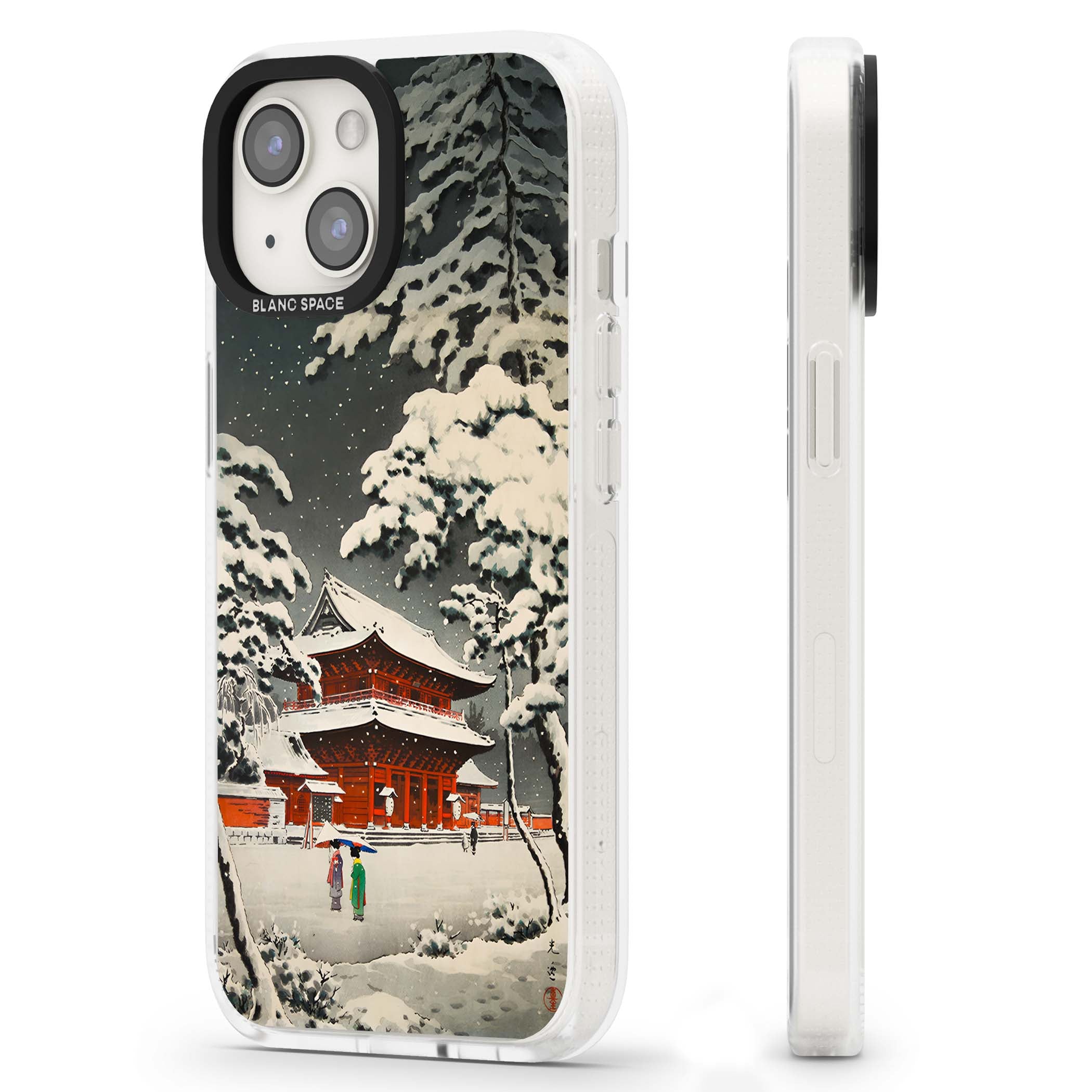 Snow at Shiha Park, Tokyo Japanese art iPhone case featuring a vintage ukiyo-e snowy temple, red pagoda, and snow-covered pin | Clear Case Impact Air case for iPhone 15, iPhone 15 Plus