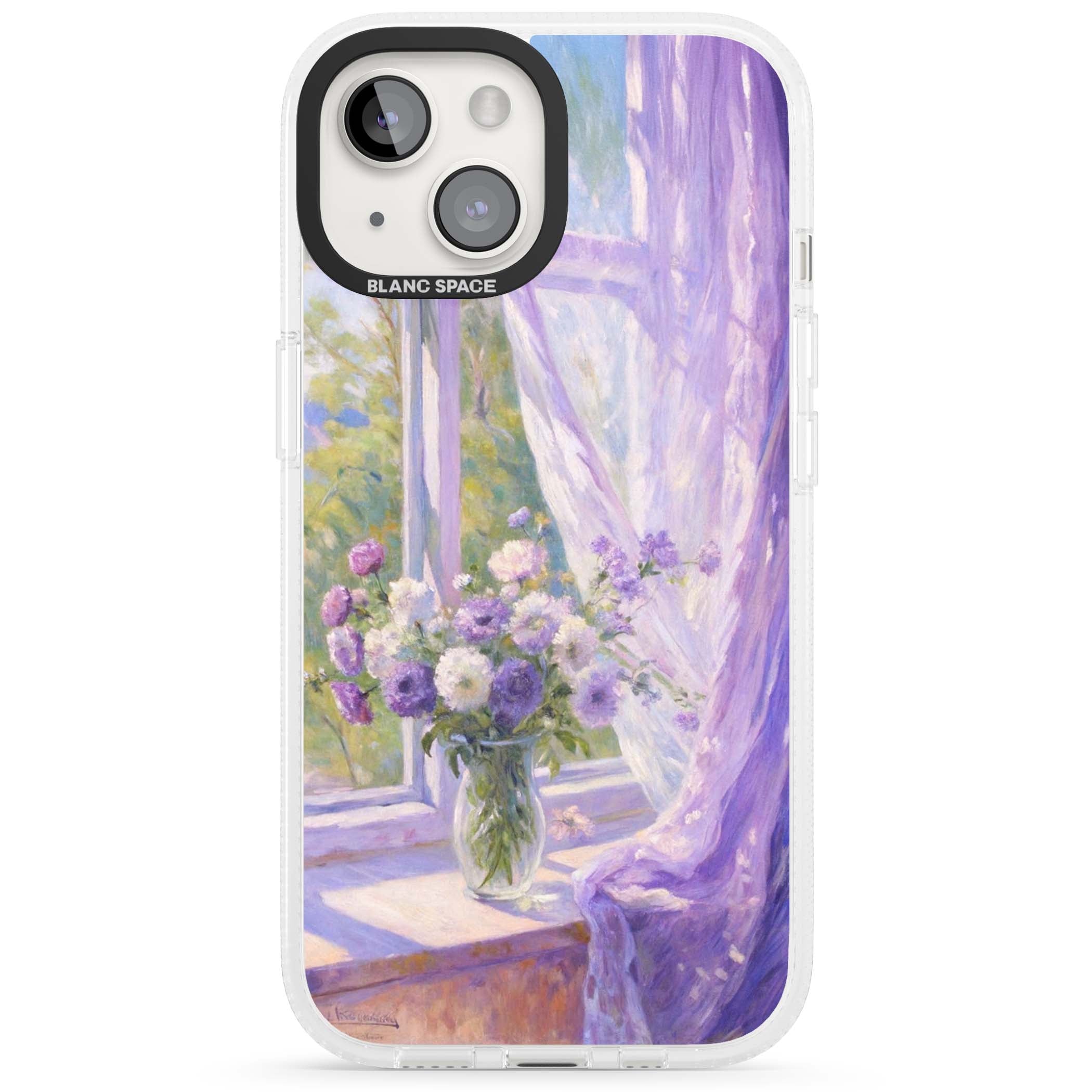A Provence Morning impressionist art iPhone case featuring a vase of purple flowers, sunlit window and sheer curt | Clear Case Impact Air case for iPhone 15, iPhone 15 Plus